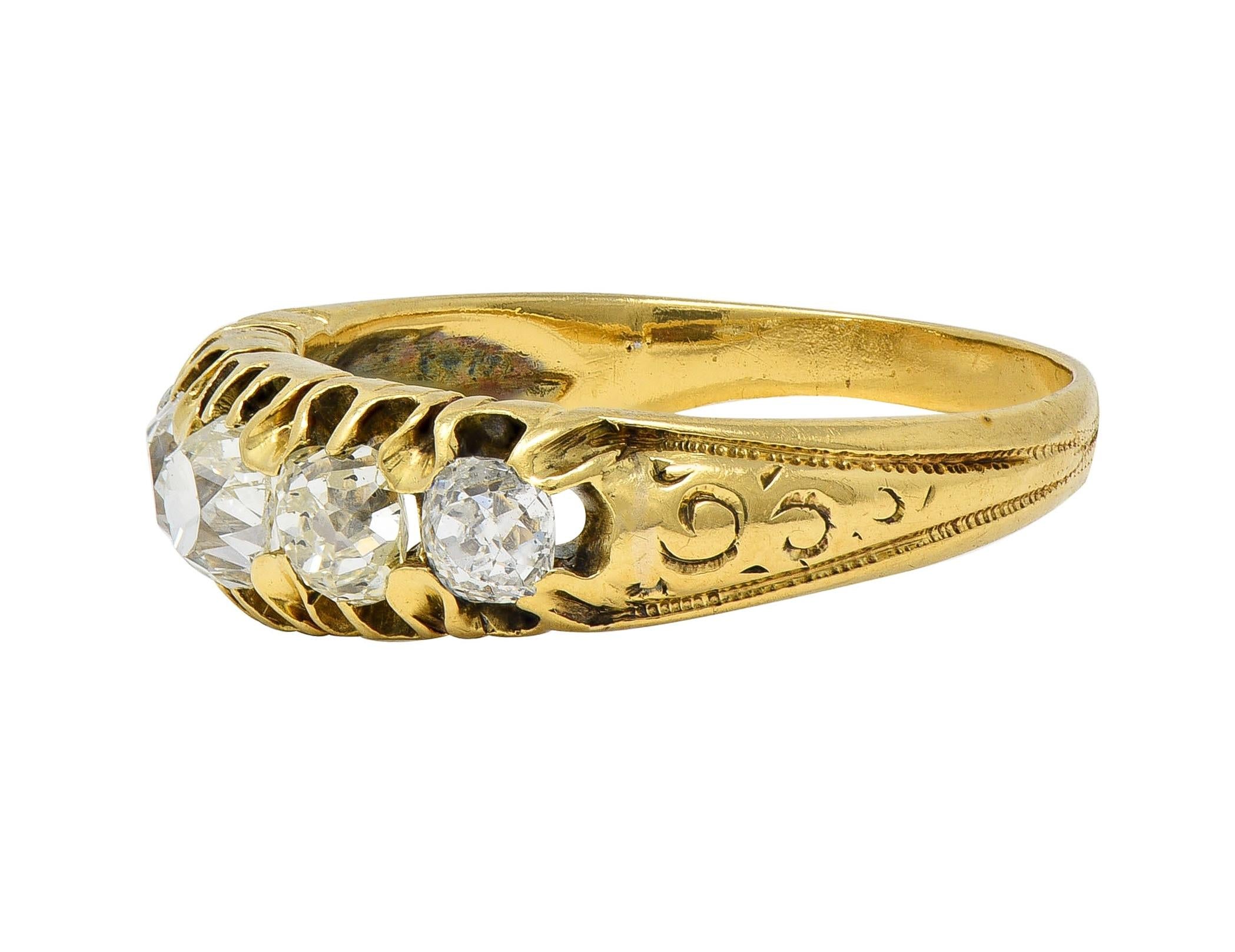 Victorian 0.95 CTW Old Mine Diamond 18K Gold Antique Five Stone Scroll Band Ring