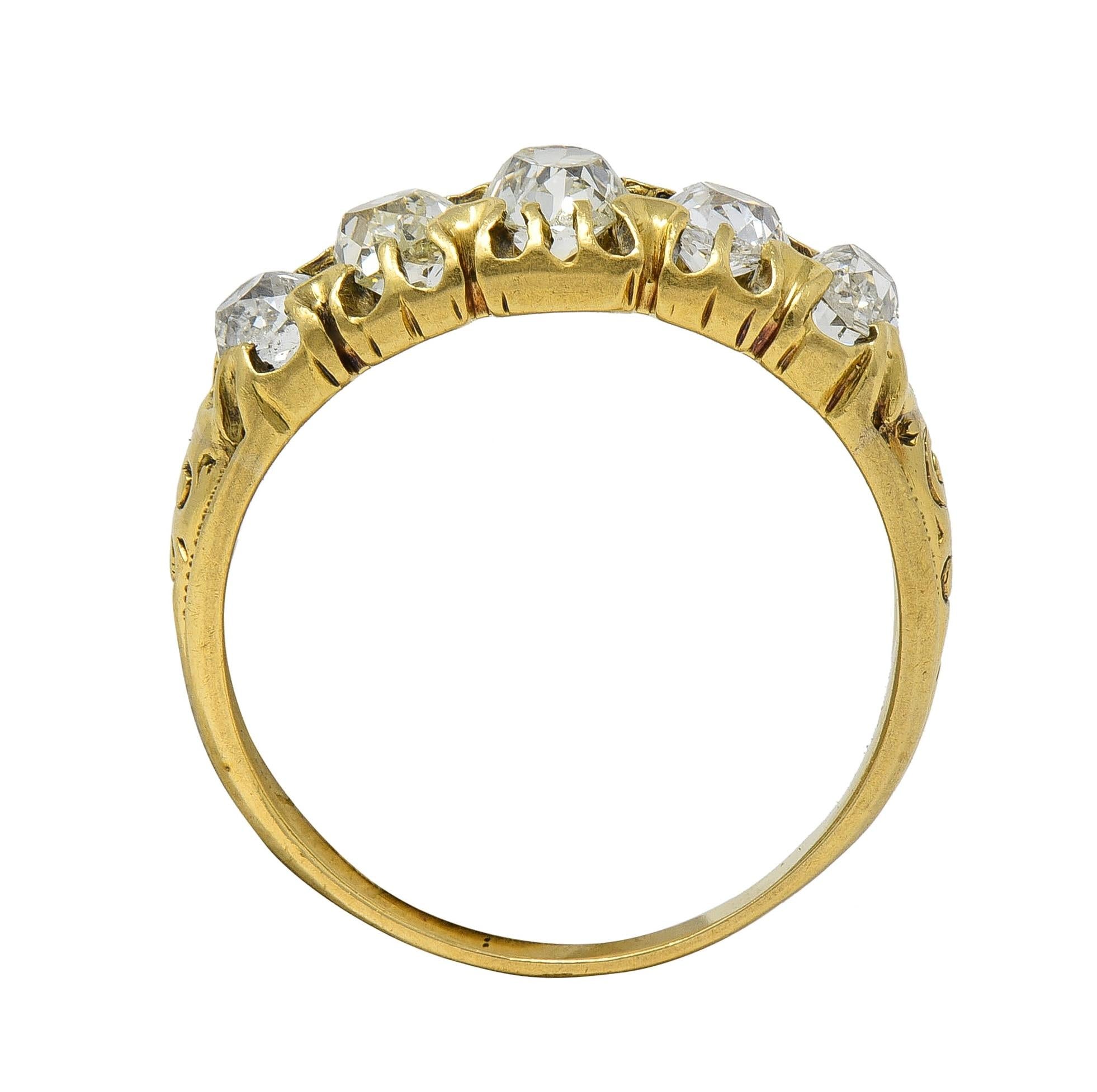 Victorian 0.95 CTW Old Mine Diamond 18K Gold Antique Five Stone Scroll Band Ring