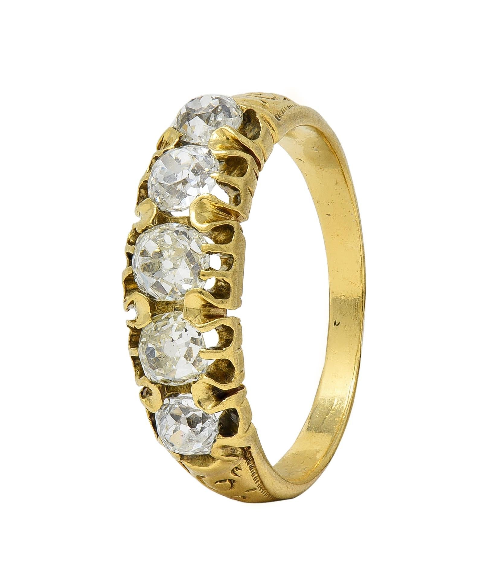Victorian 0.95 CTW Old Mine Diamond 18K Gold Antique Five Stone Scroll Band Ring