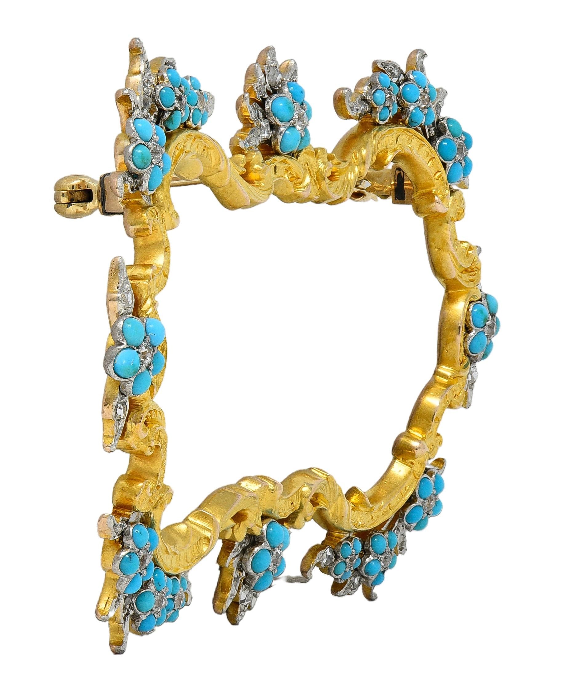 Edwardian Diamond Turquoise Platinum 14 Karat Yellow Gold Antique Floral Brooch
