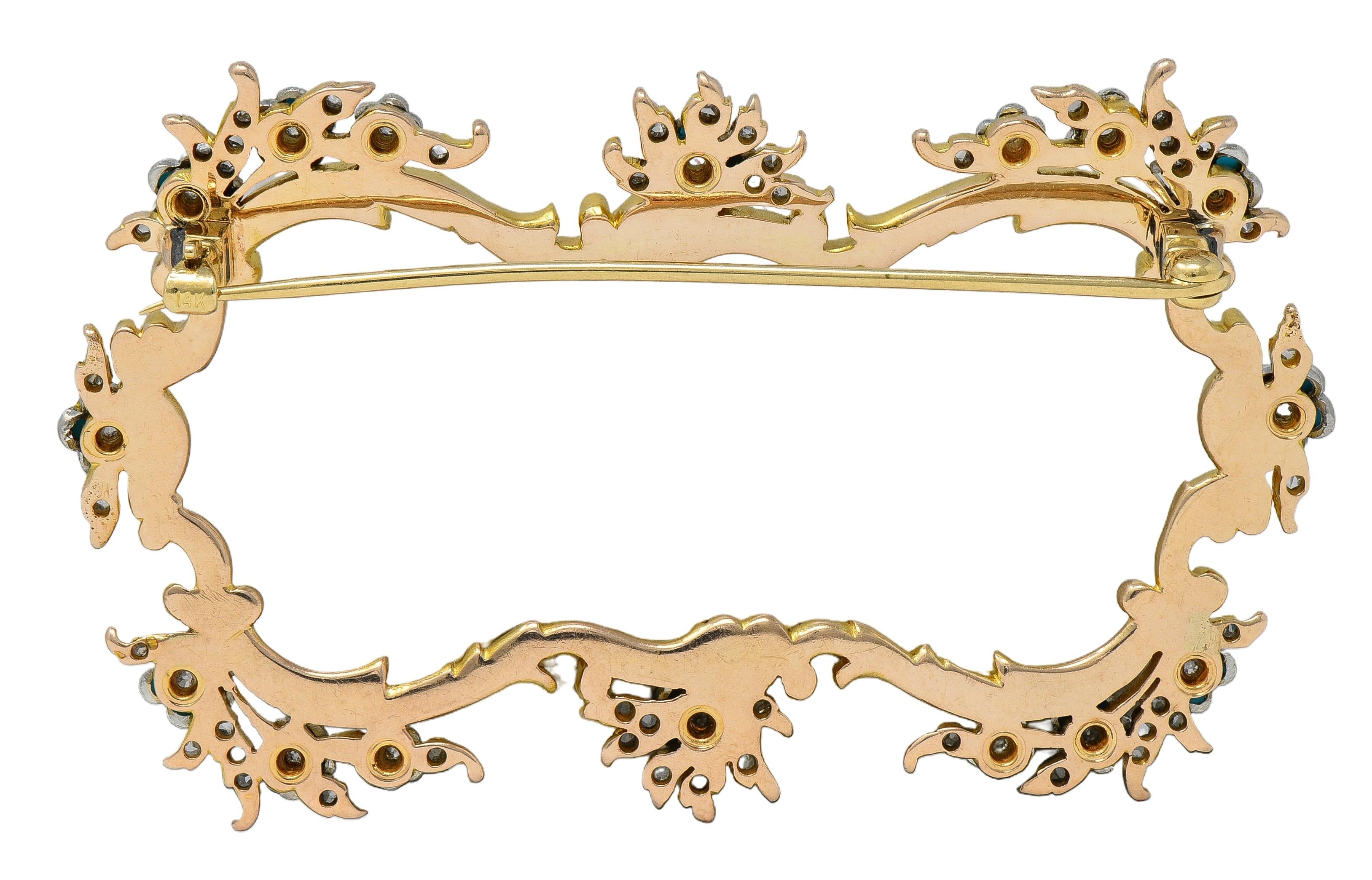Edwardian Diamond Turquoise Platinum 14 Karat Yellow Gold Antique Floral Brooch