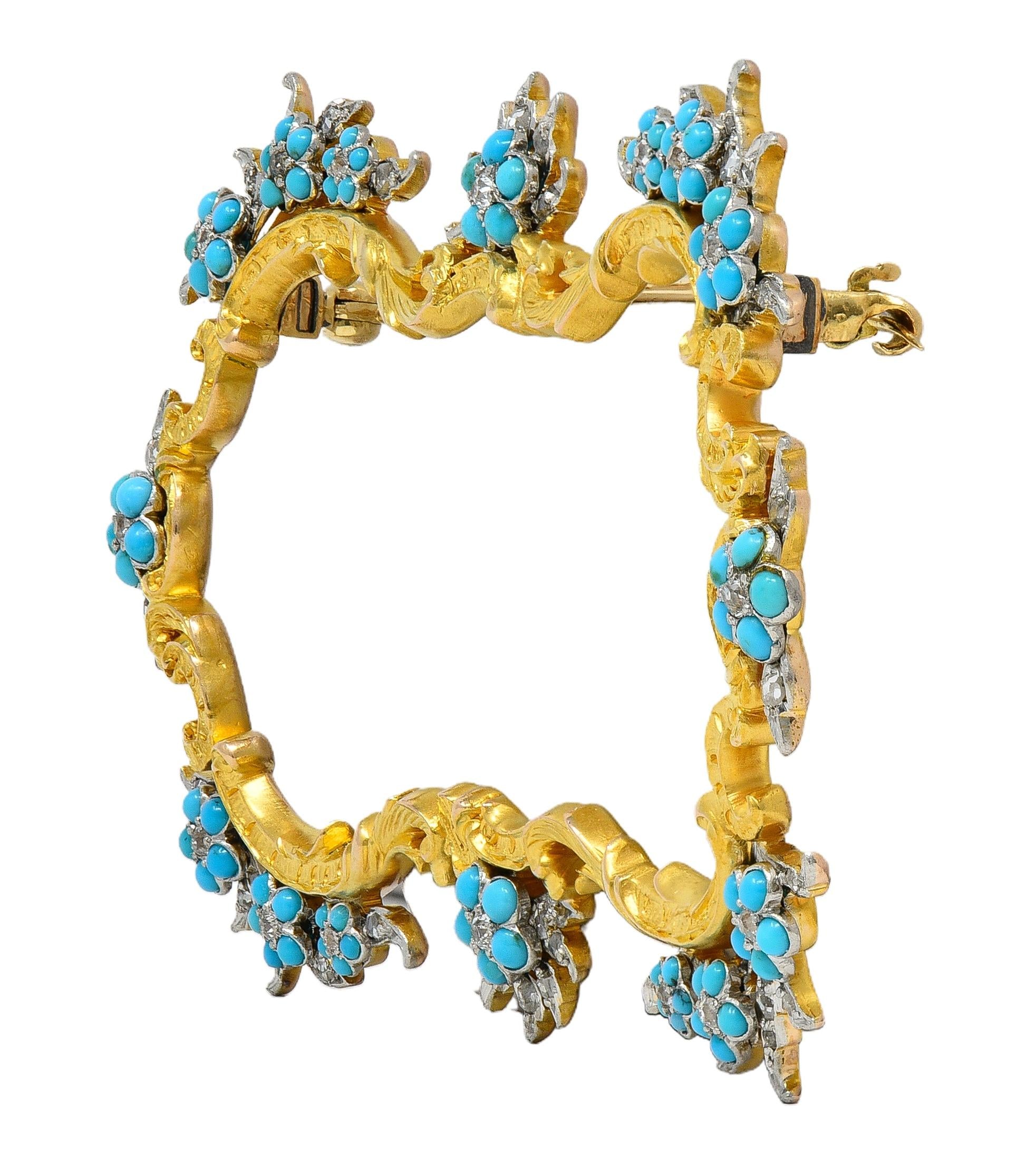 Edwardian Diamond Turquoise Platinum 14 Karat Yellow Gold Antique Floral Brooch
