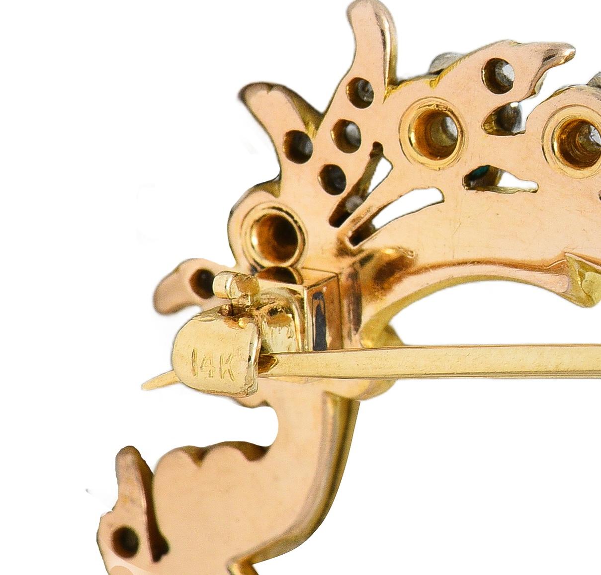 Edwardian Diamond Turquoise Platinum 14 Karat Yellow Gold Antique Floral Brooch