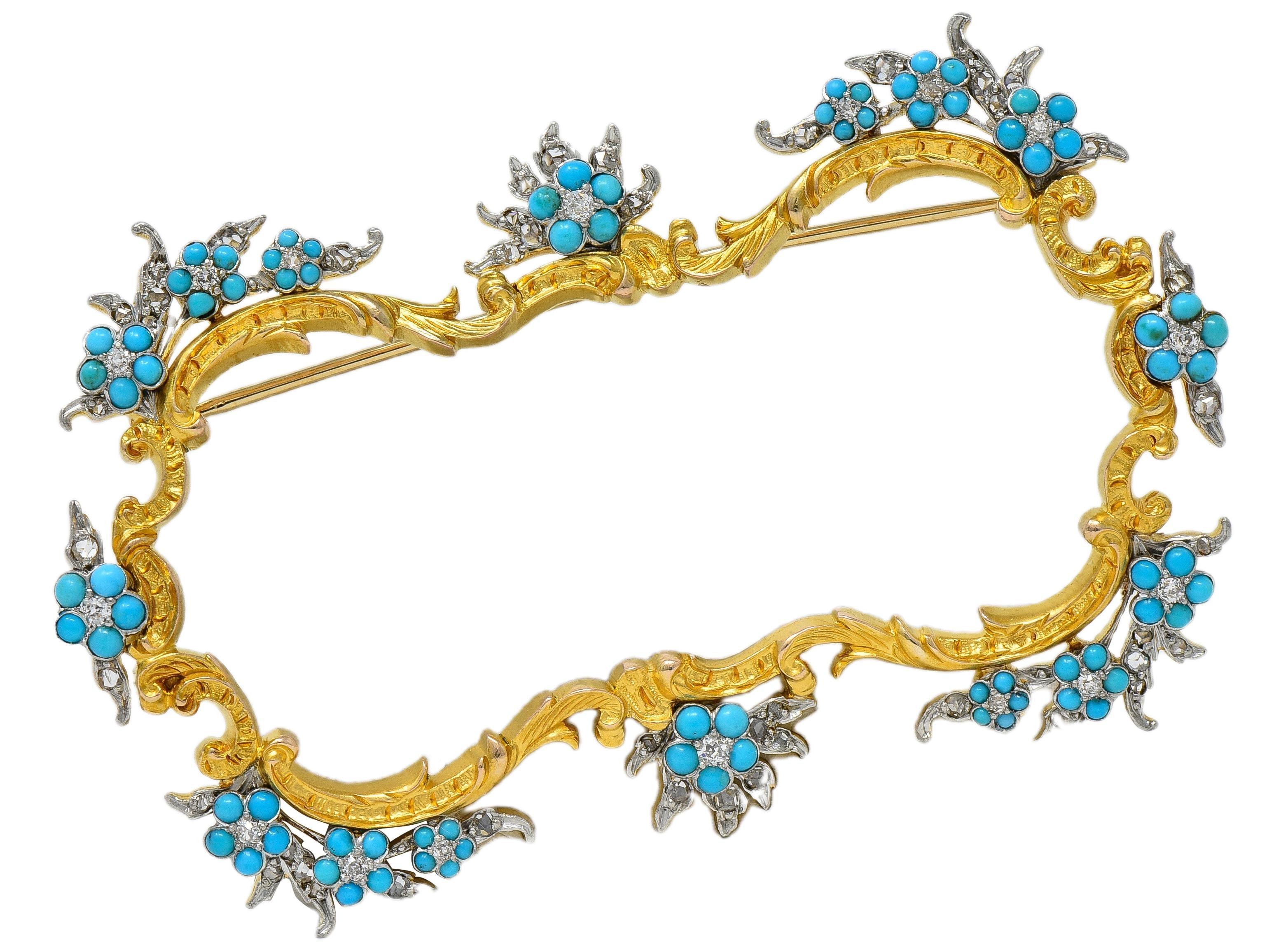 Edwardian Diamond Turquoise Platinum 14 Karat Yellow Gold Antique Floral Brooch
