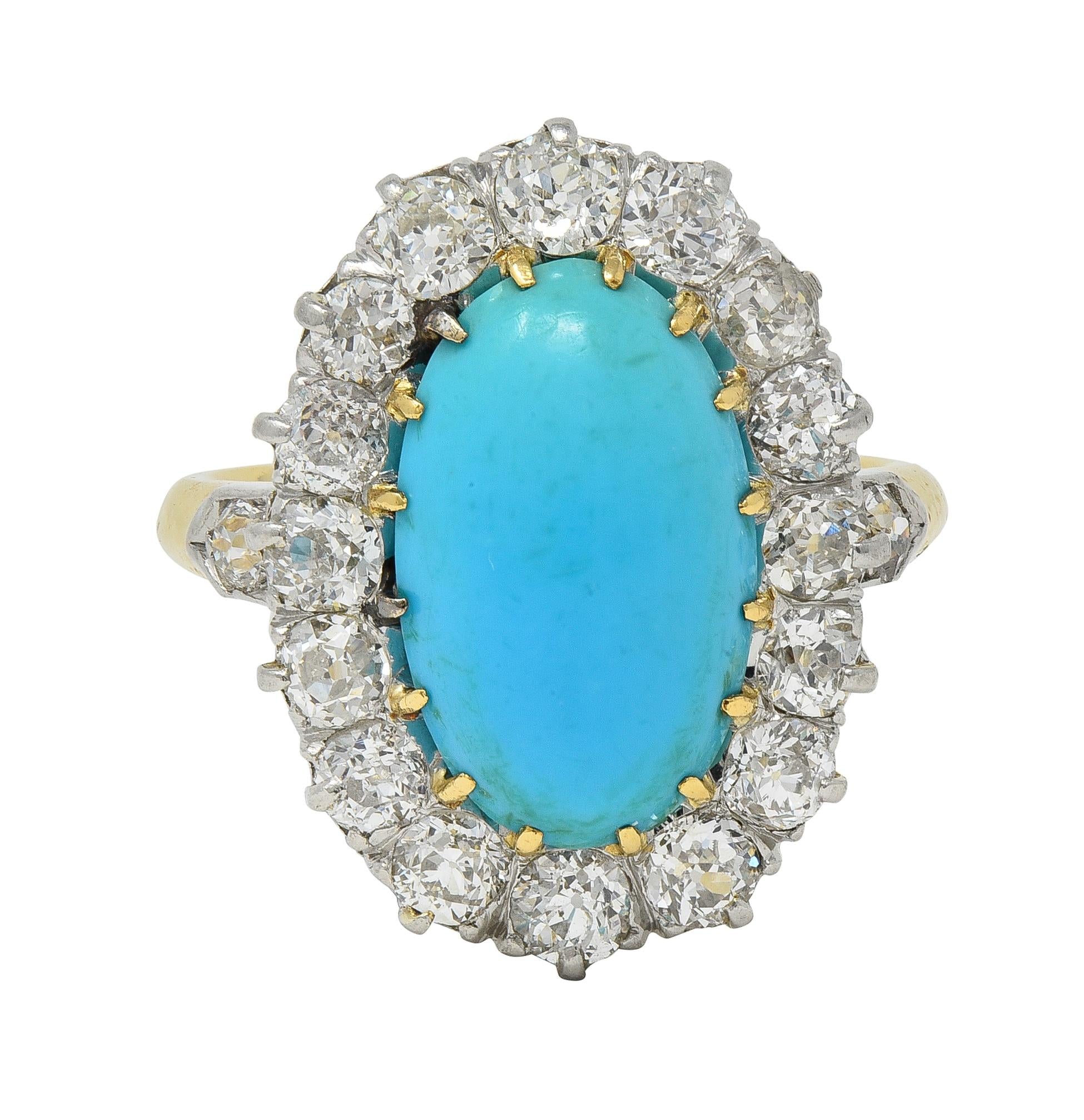 Edwardian Mine Diamond Robin's Egg Turquoise Platinum 18K Gold Antique Halo Ring