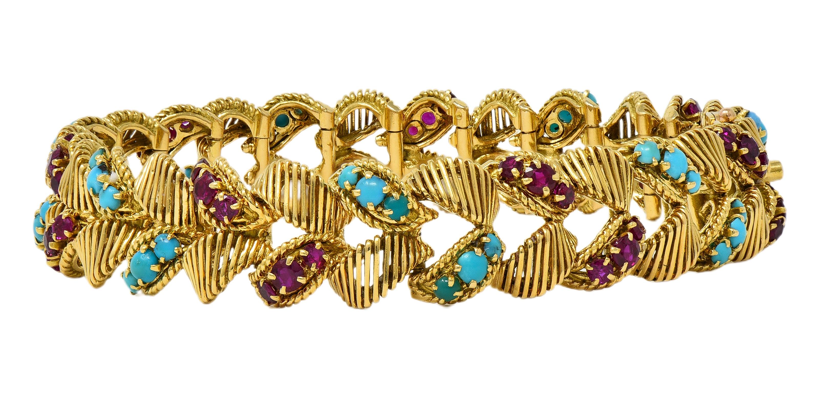 Georges L'Enfant Gubelin 1960 Ruby Turquoise 18K Gold Vintage Wheat Bracelet