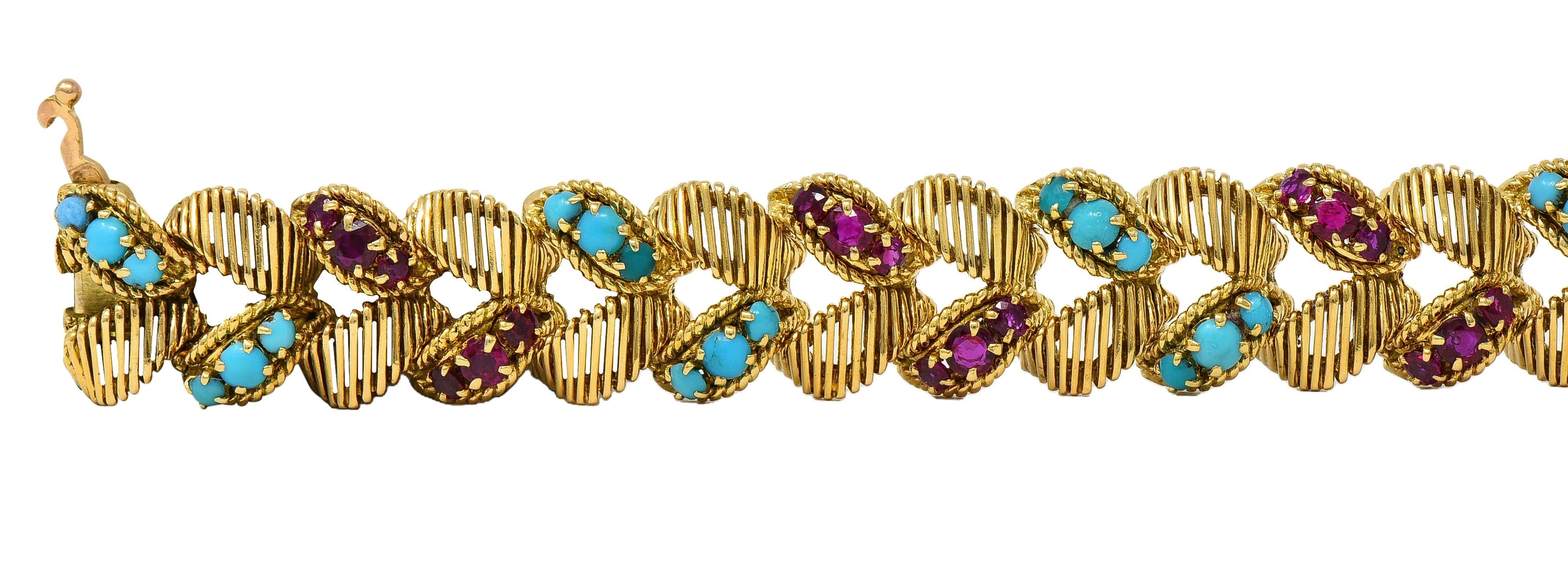 Georges L'Enfant Gubelin 1960 Ruby Turquoise 18K Gold Vintage Wheat Bracelet