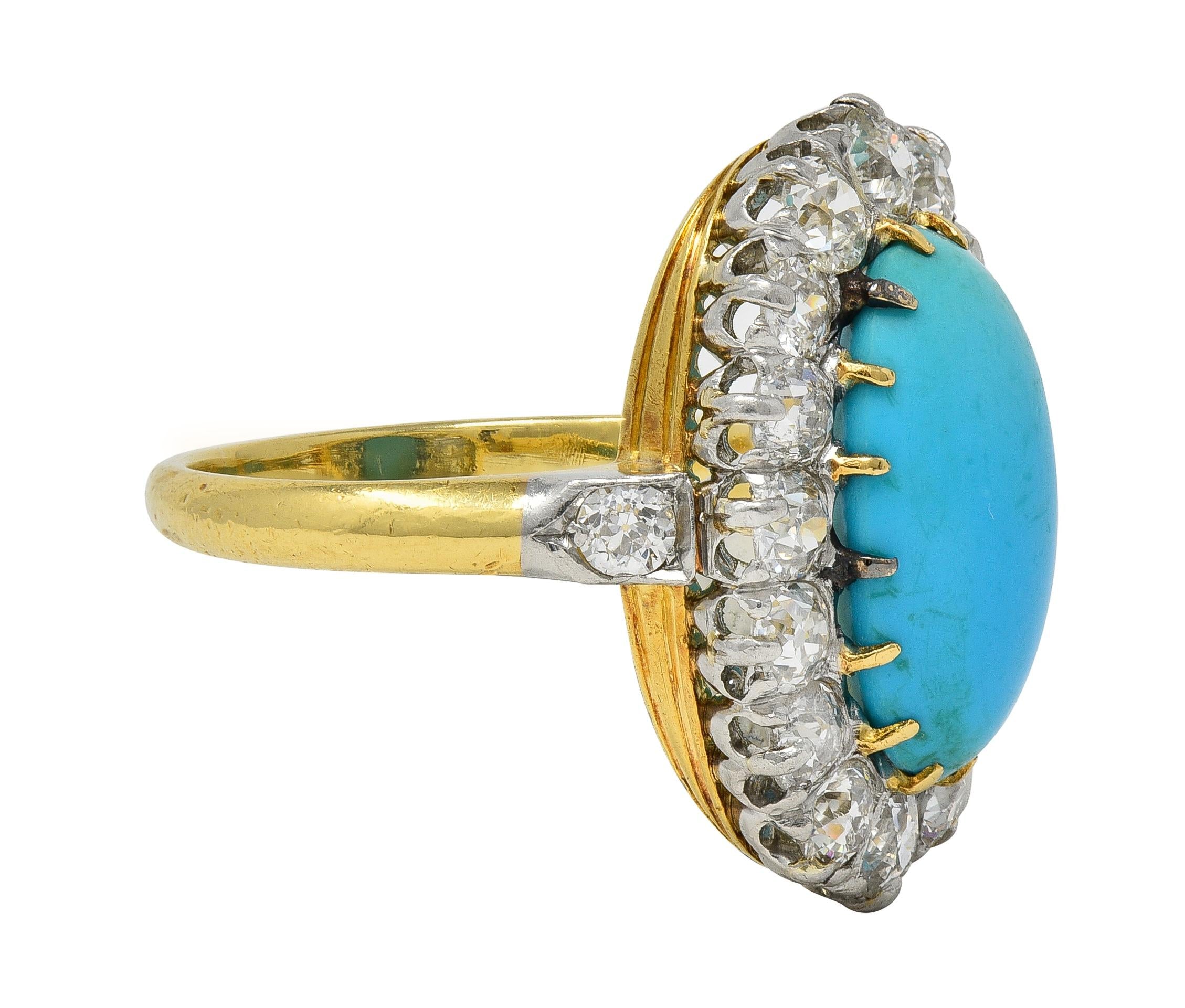 Edwardian Mine Diamond Robin's Egg Turquoise Platinum 18K Gold Antique Halo Ring
