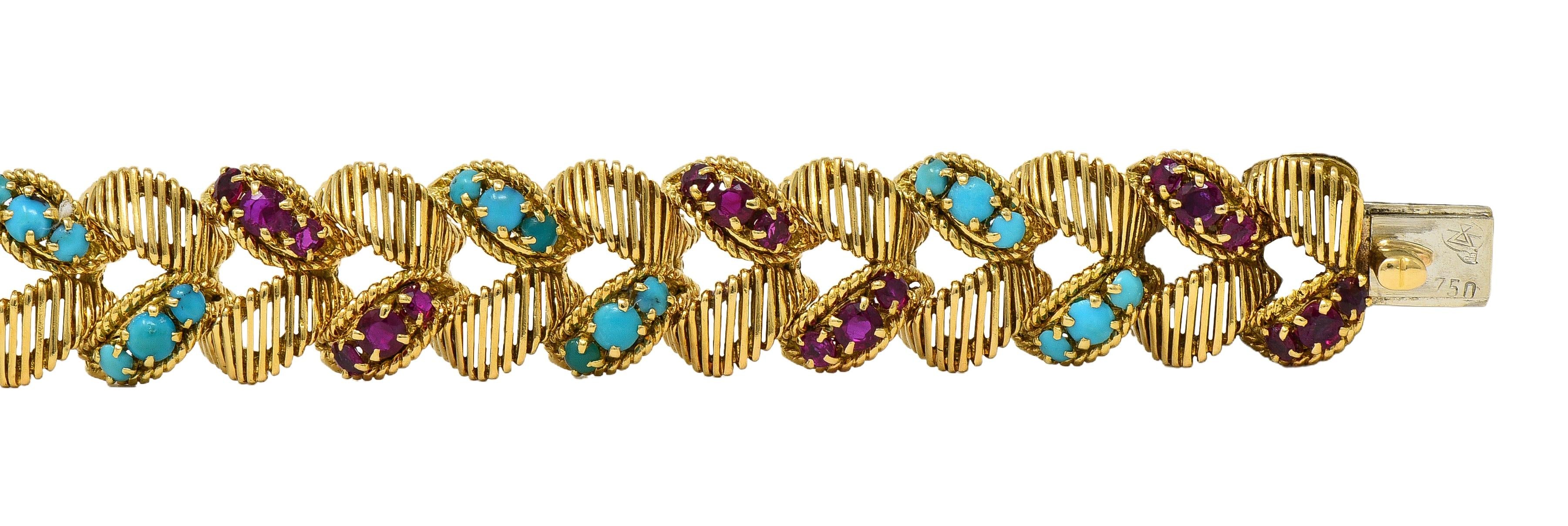 Georges L'Enfant Gubelin 1960 Ruby Turquoise 18K Gold Vintage Wheat Bracelet
