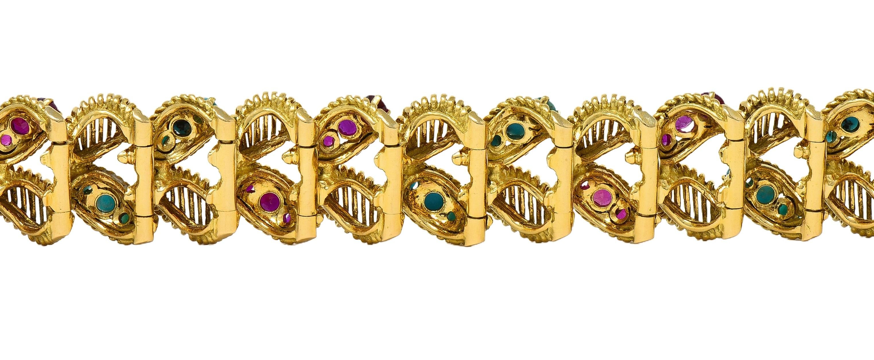 Georges L'Enfant Gubelin 1960 Ruby Turquoise 18K Gold Vintage Wheat Bracelet