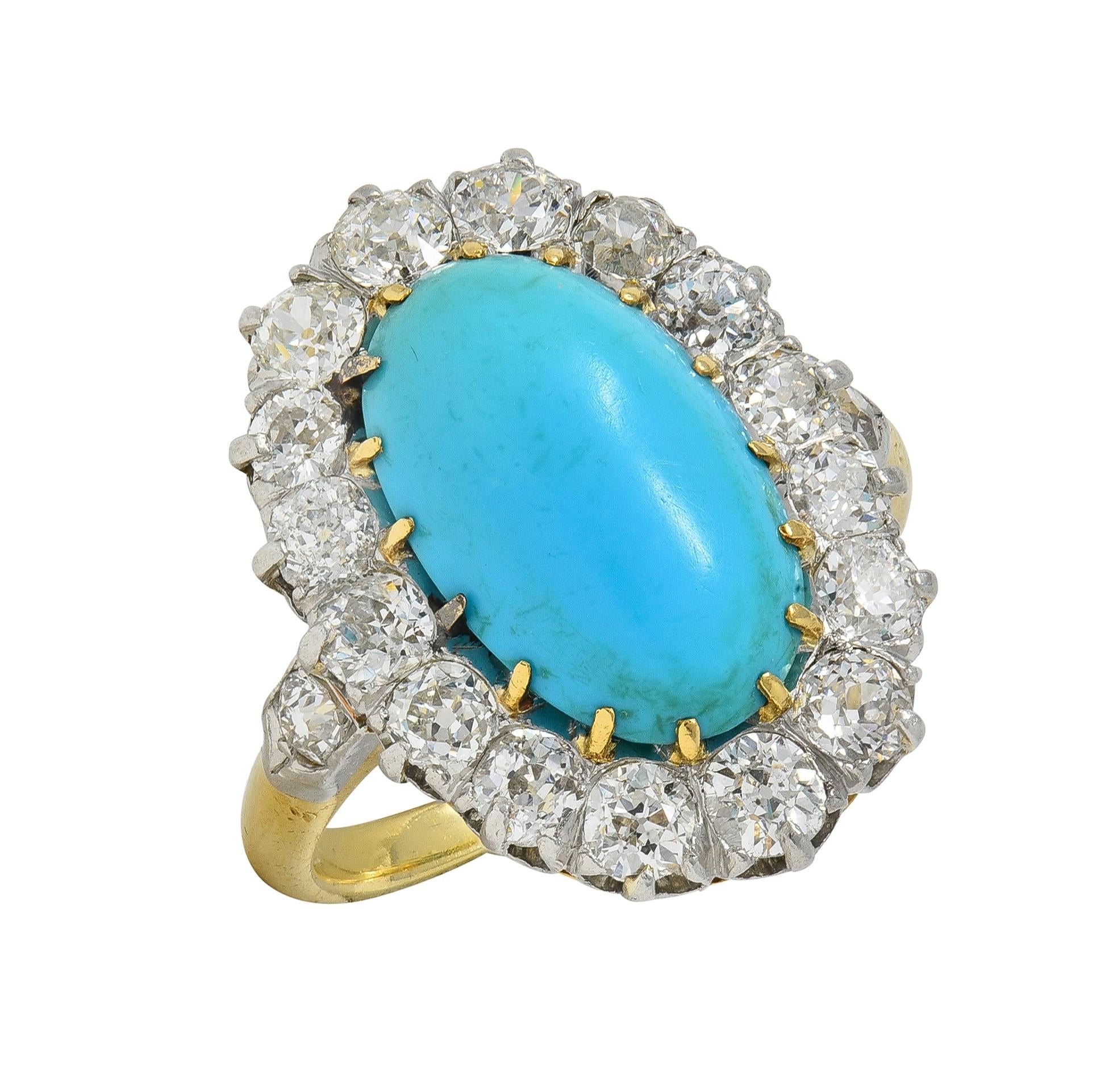 Edwardian Mine Diamond Robin's Egg Turquoise Platinum 18K Gold Antique Halo Ring