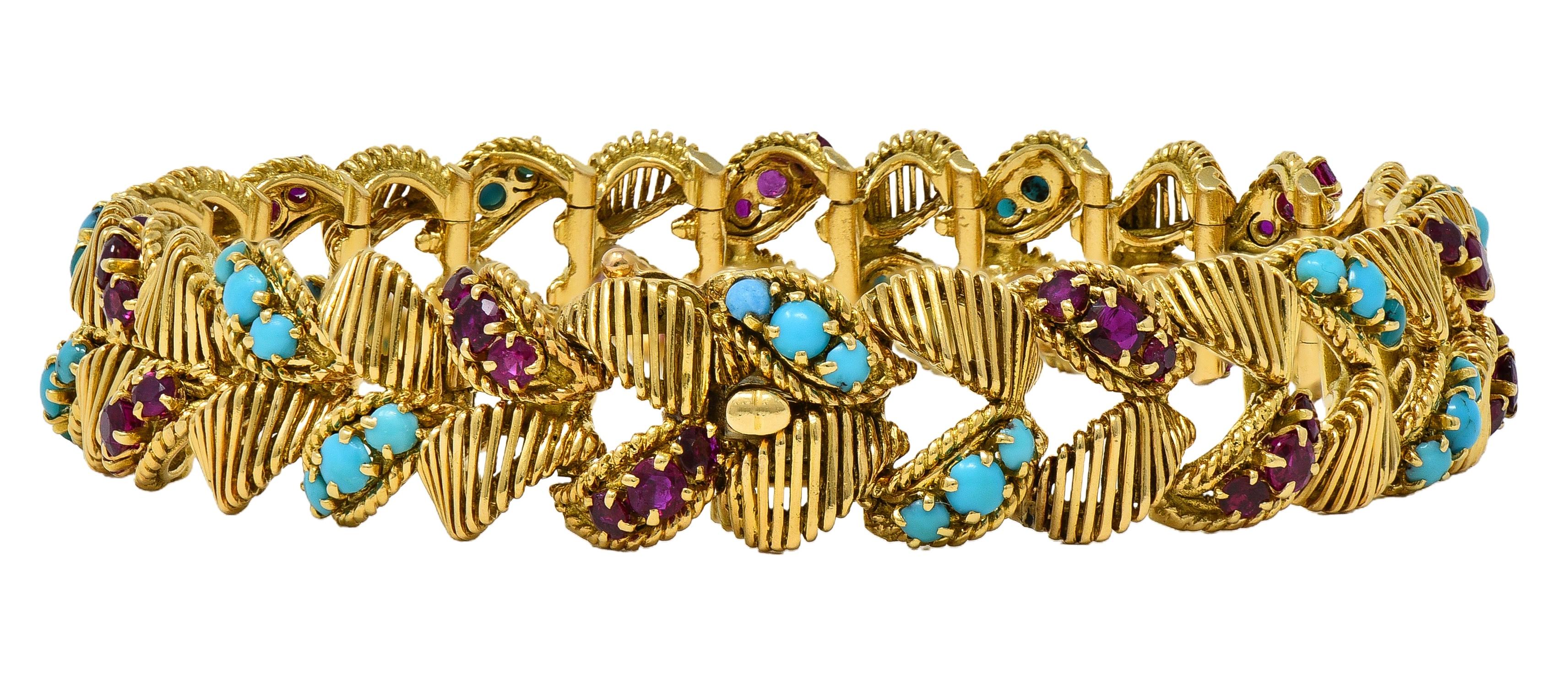 Georges L'Enfant Gubelin 1960 Ruby Turquoise 18K Gold Vintage Wheat Bracelet