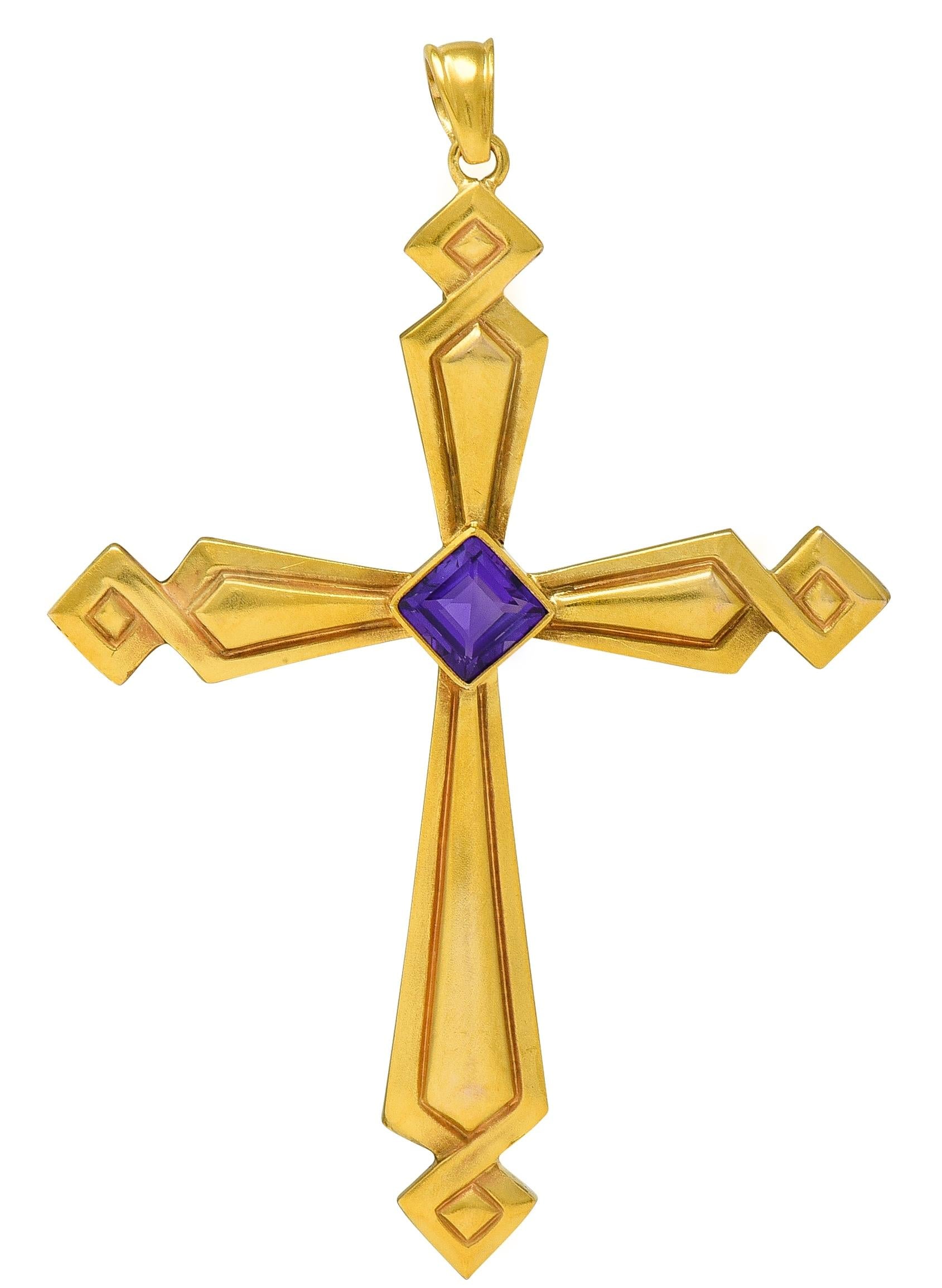 Victorian Amethyst 14 Karat Yellow Gold Antique Geometric Cross Pendant