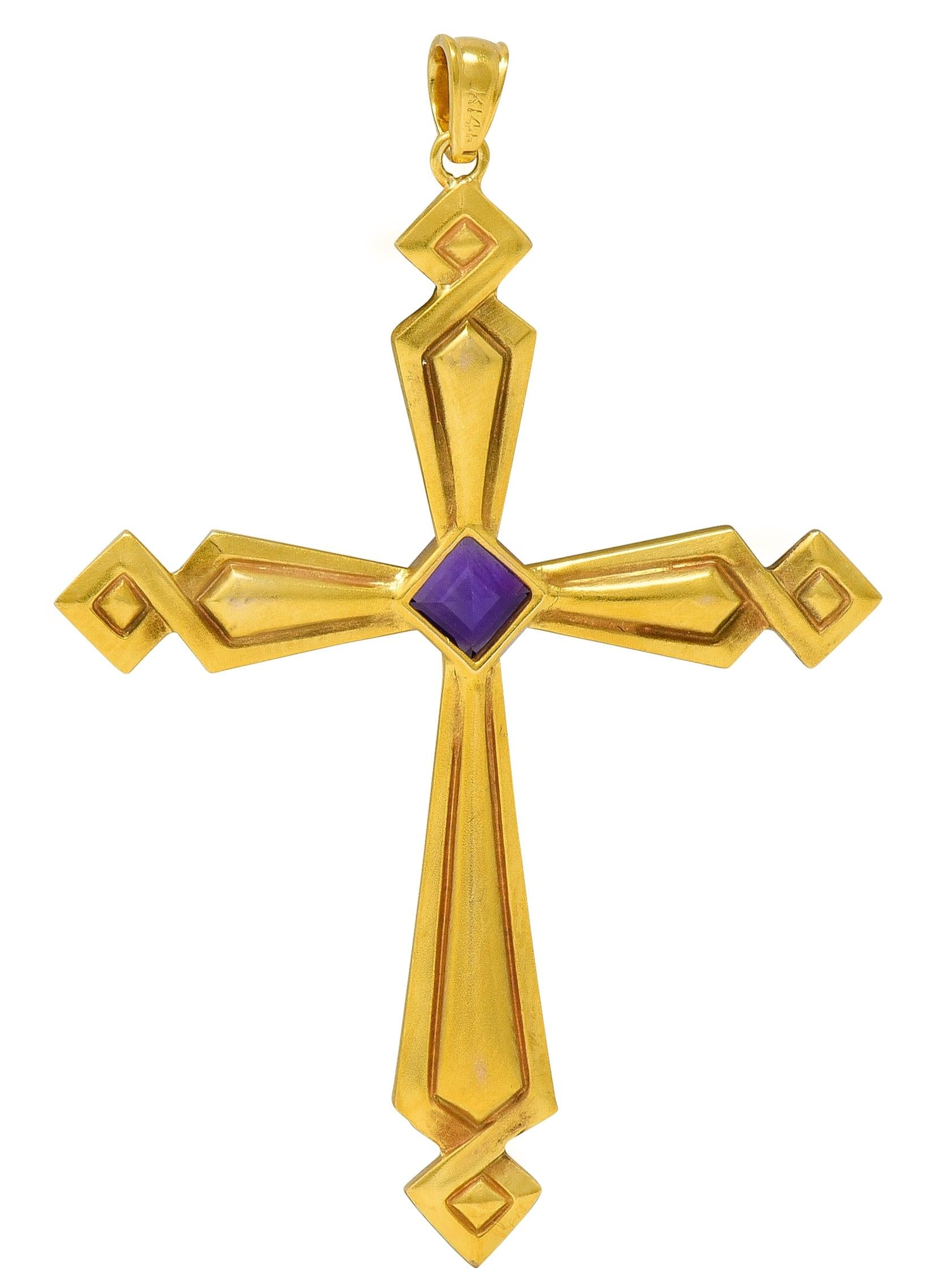 Victorian Amethyst 14 Karat Yellow Gold Antique Geometric Cross Pendant