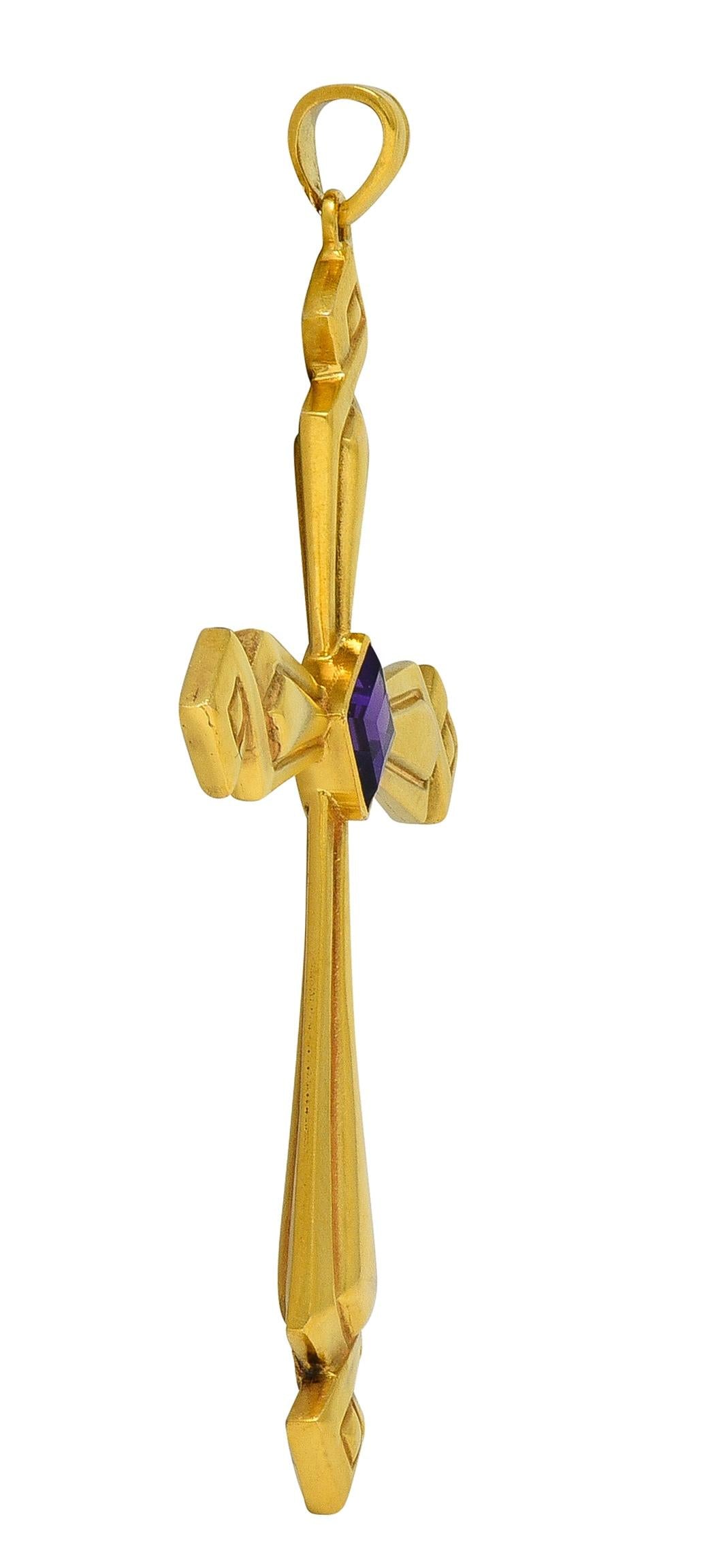 Victorian Amethyst 14 Karat Yellow Gold Antique Geometric Cross Pendant
