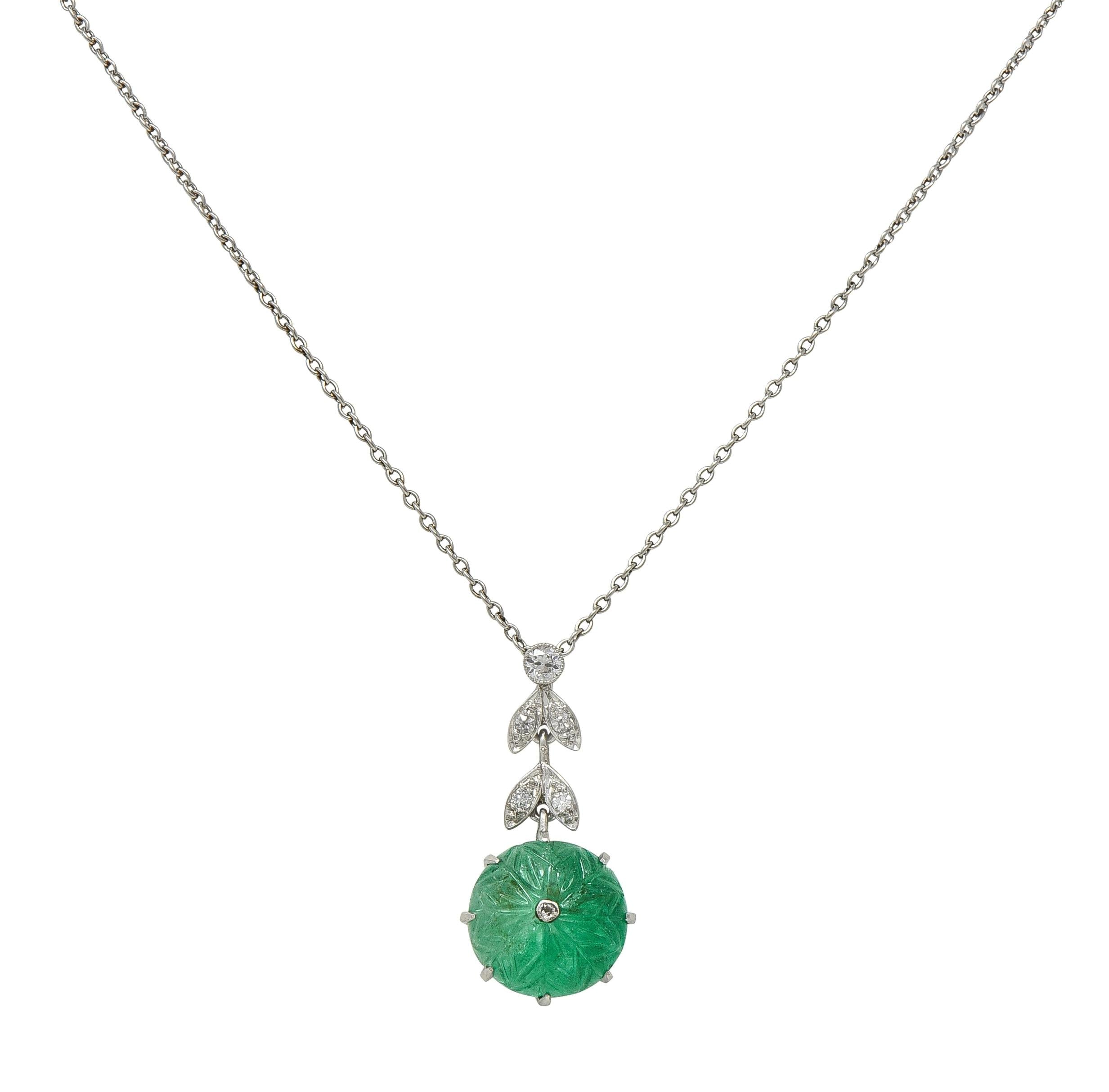 Art Deco Marcus & Co. Emerald Diamond Platinum Vintage Floral Drop Necklace