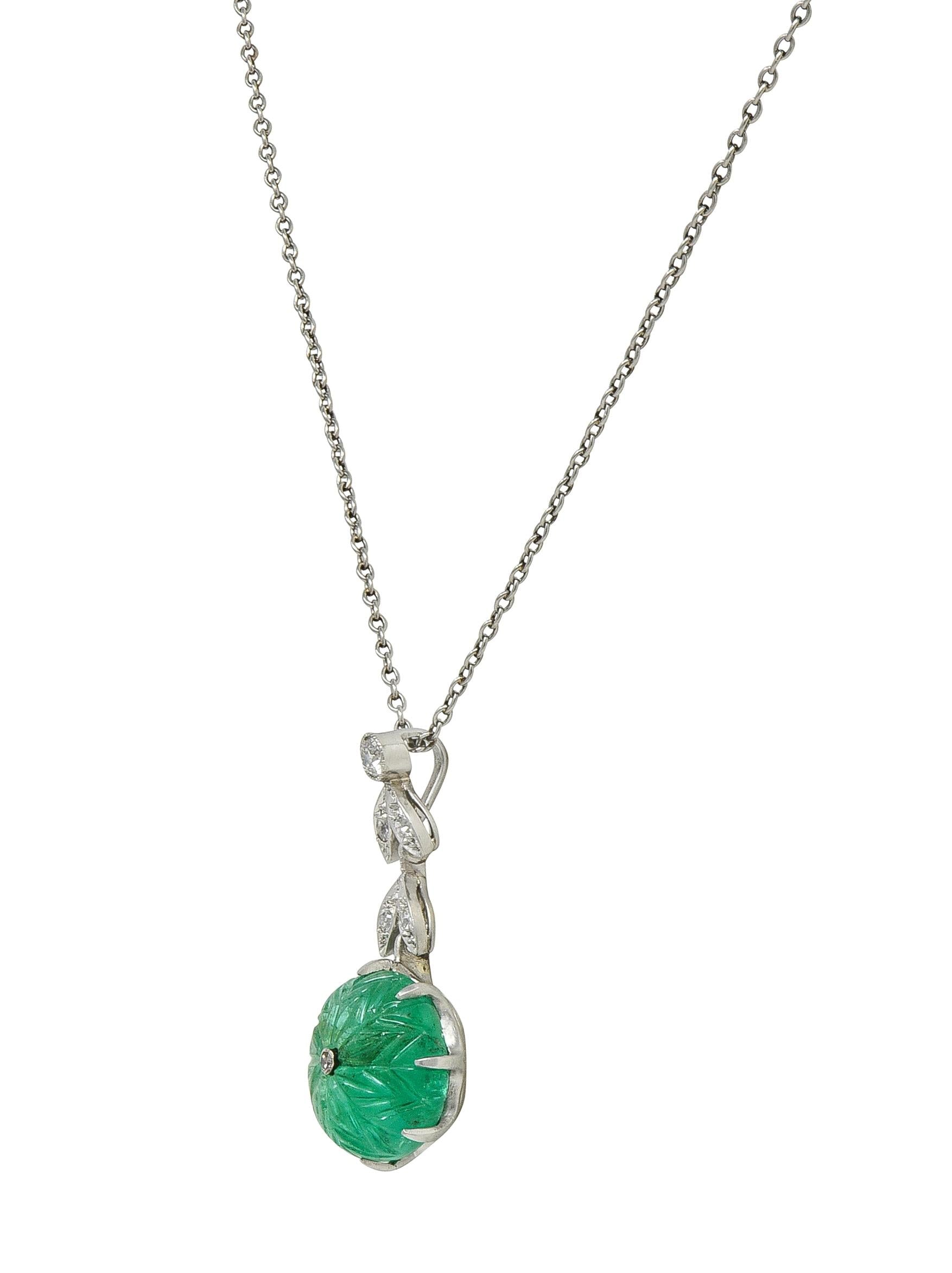 Art Deco Marcus & Co. Emerald Diamond Platinum Vintage Floral Drop Necklace