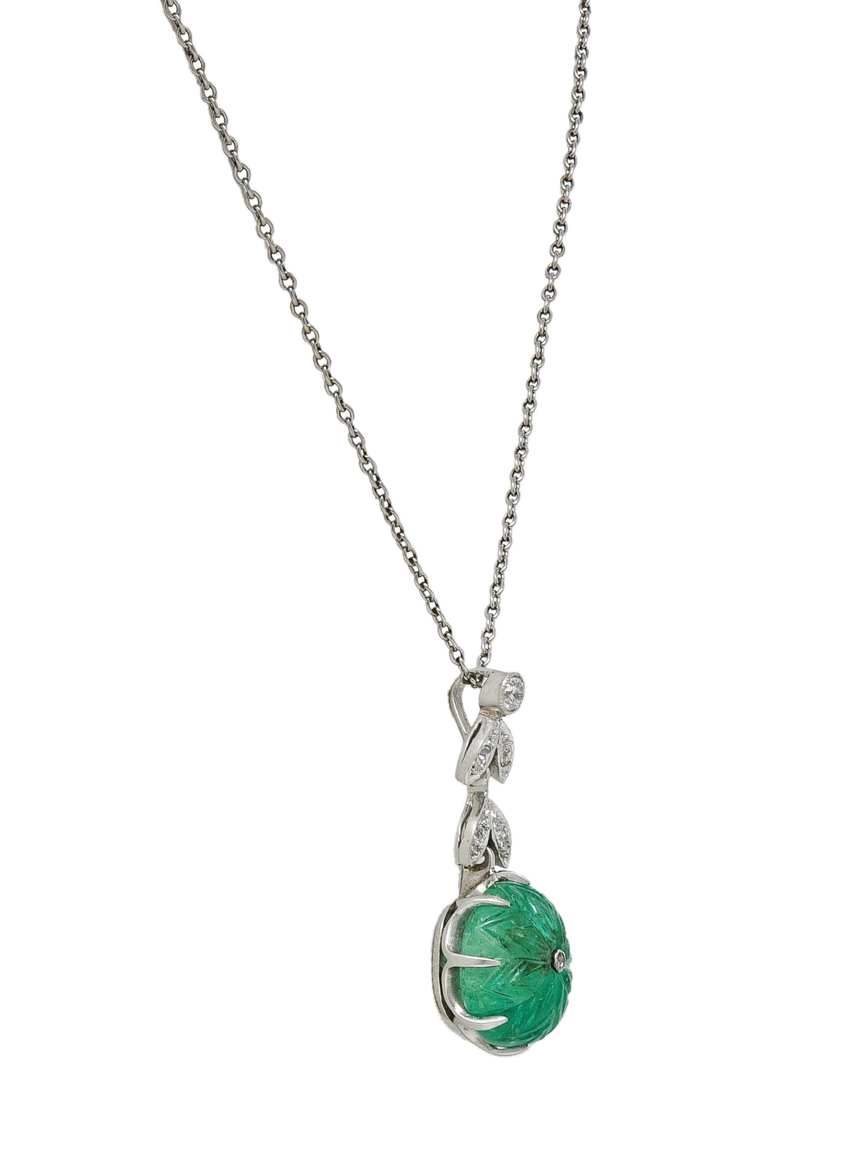 Art Deco Marcus & Co. Emerald Diamond Platinum Vintage Floral Drop Necklace