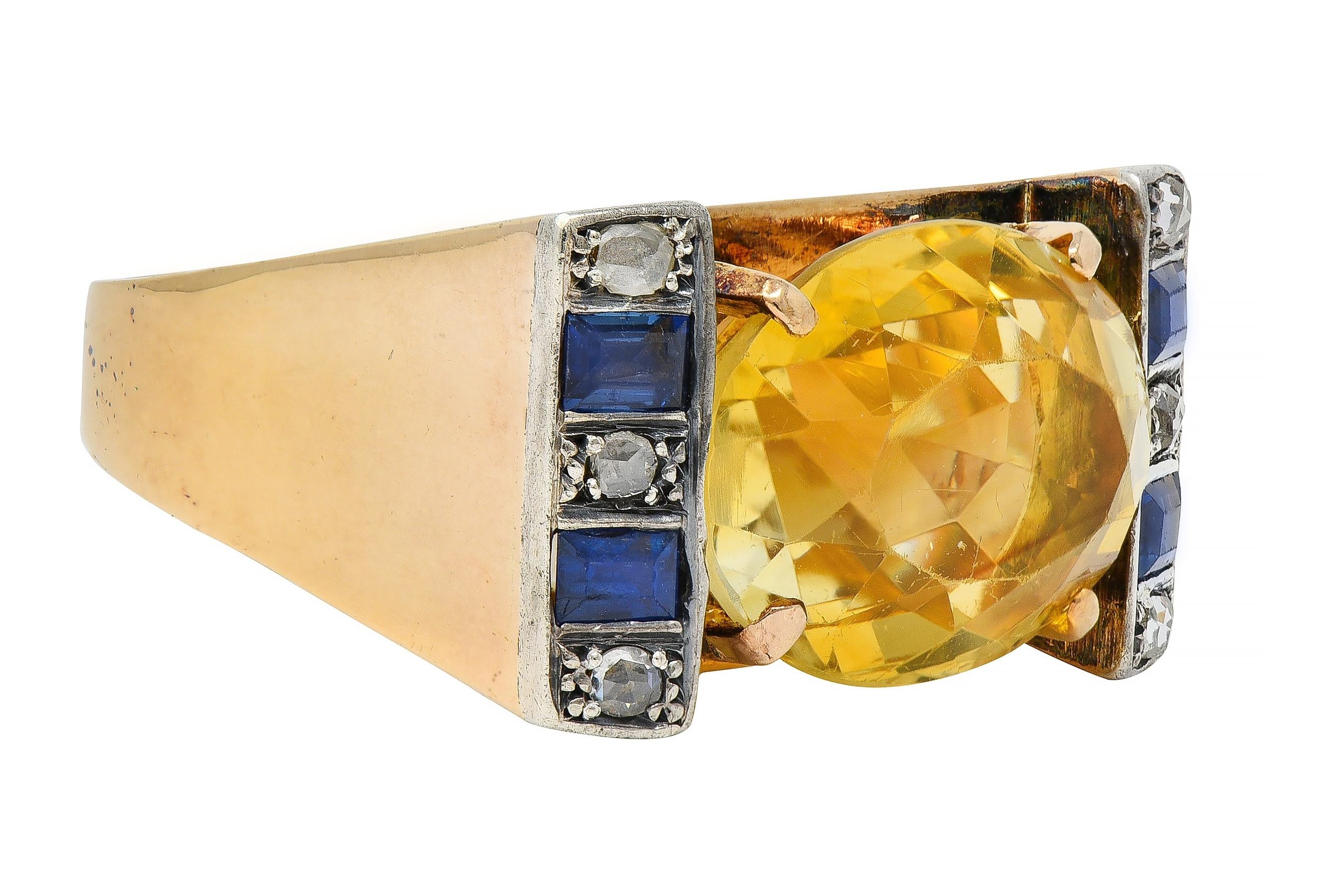Retro Citrine Sapphire Diamond Silver 18 Karat Gold Vintage Cocktail Ring