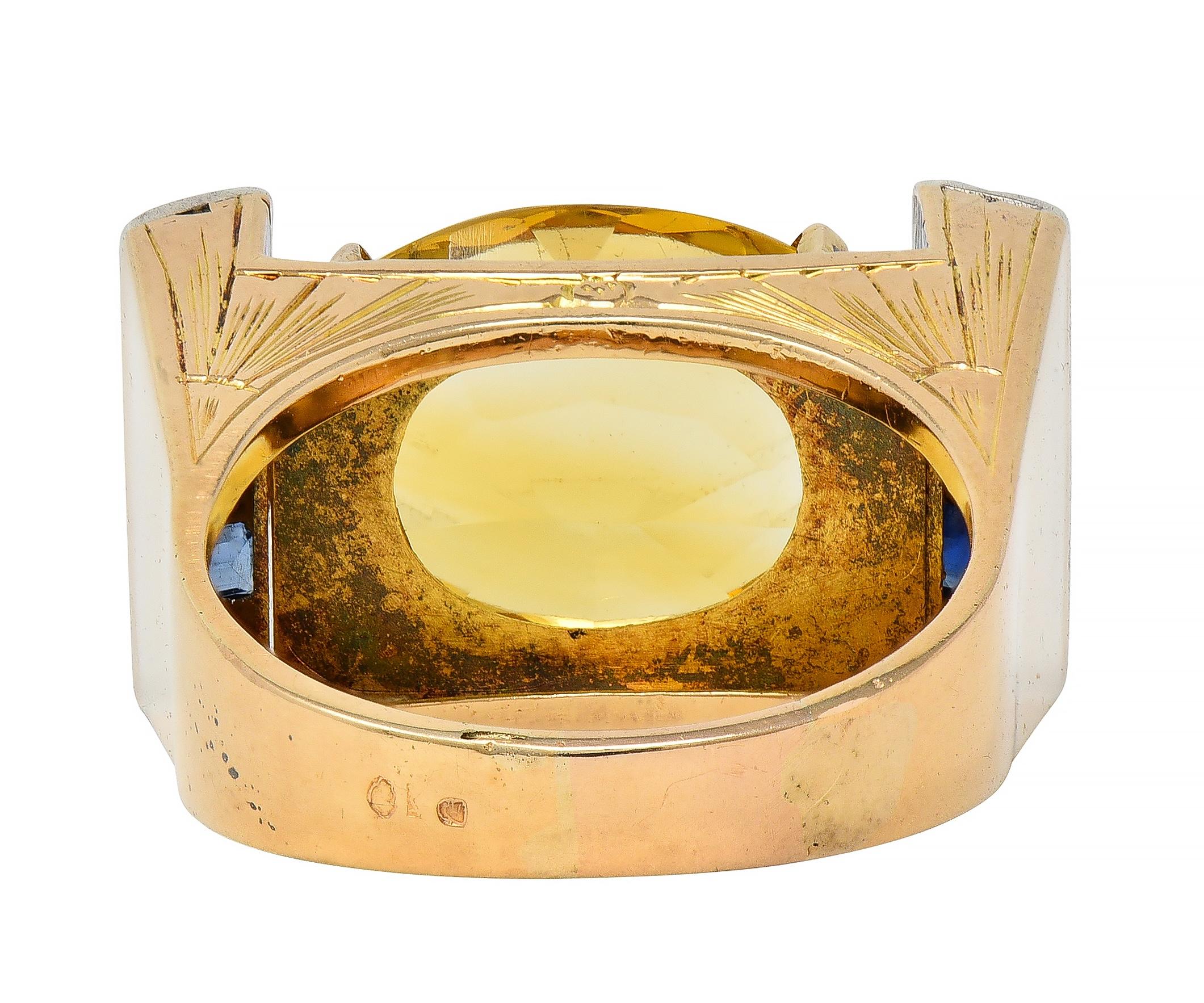 Retro Citrine Sapphire Diamond Silver 18 Karat Gold Vintage Cocktail Ring