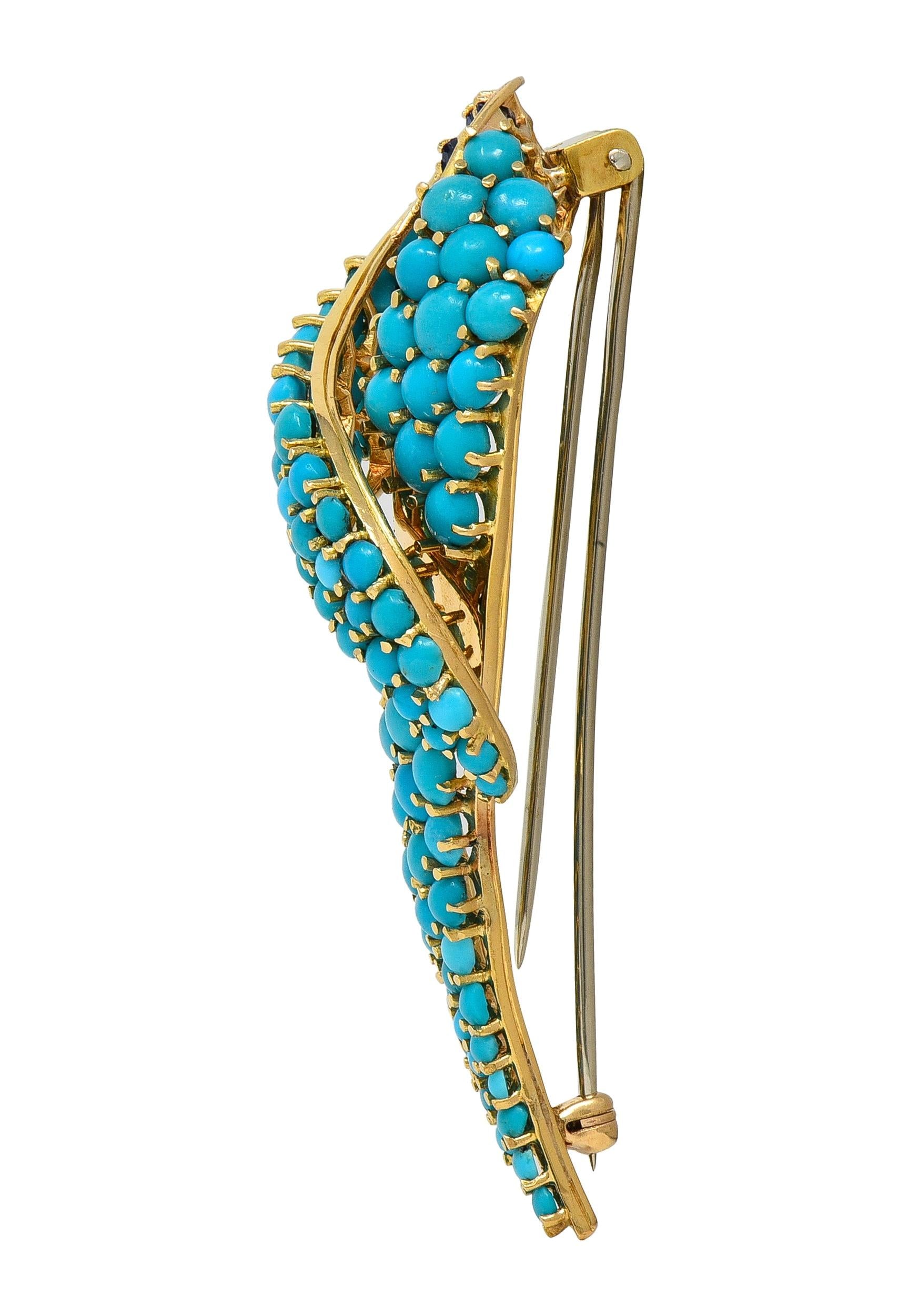 1960's Sapphire Turquoise 18 Karat Yellow Gold Vintage Ribbon Brooch