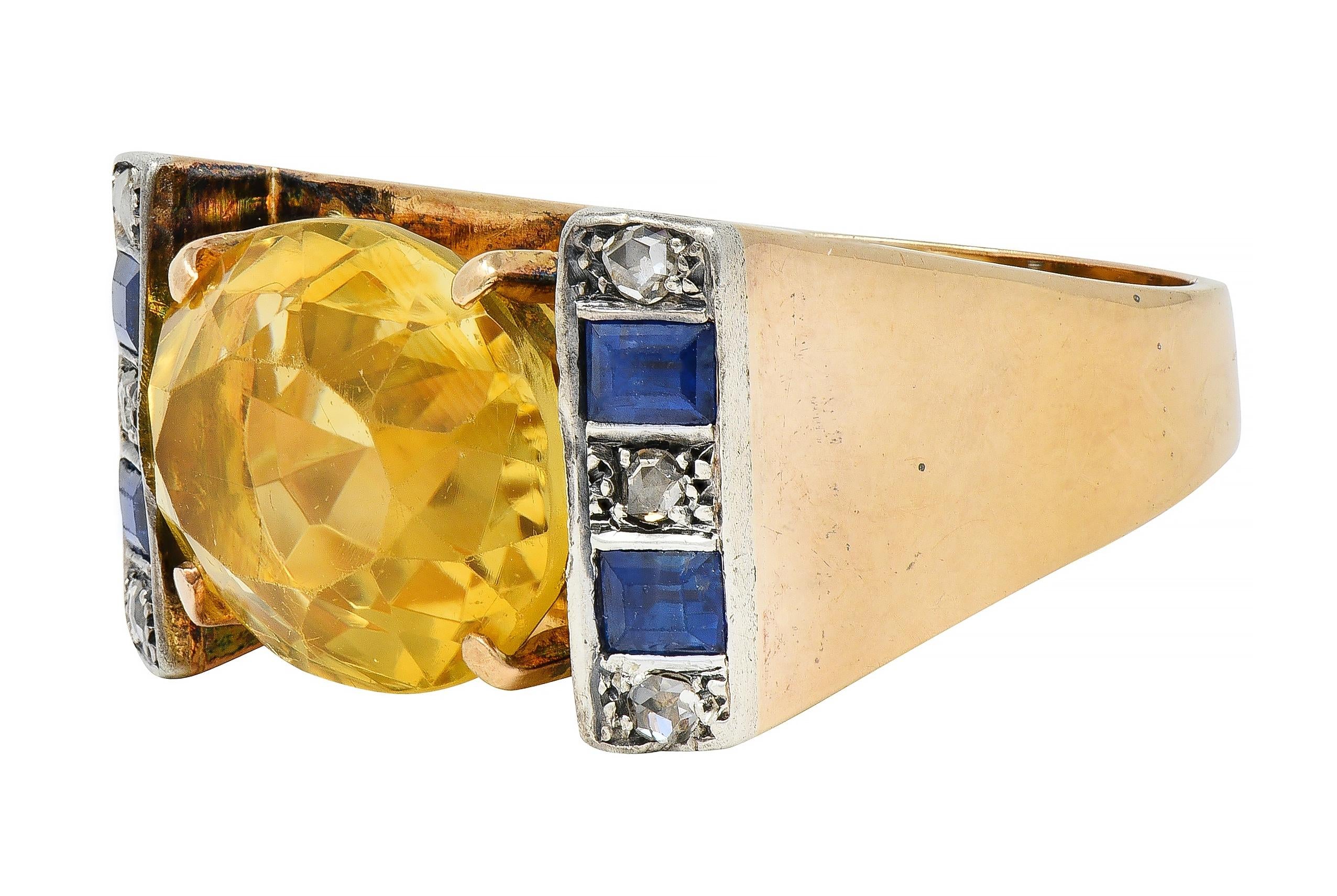 Retro Citrine Sapphire Diamond Silver 18 Karat Gold Vintage Cocktail Ring