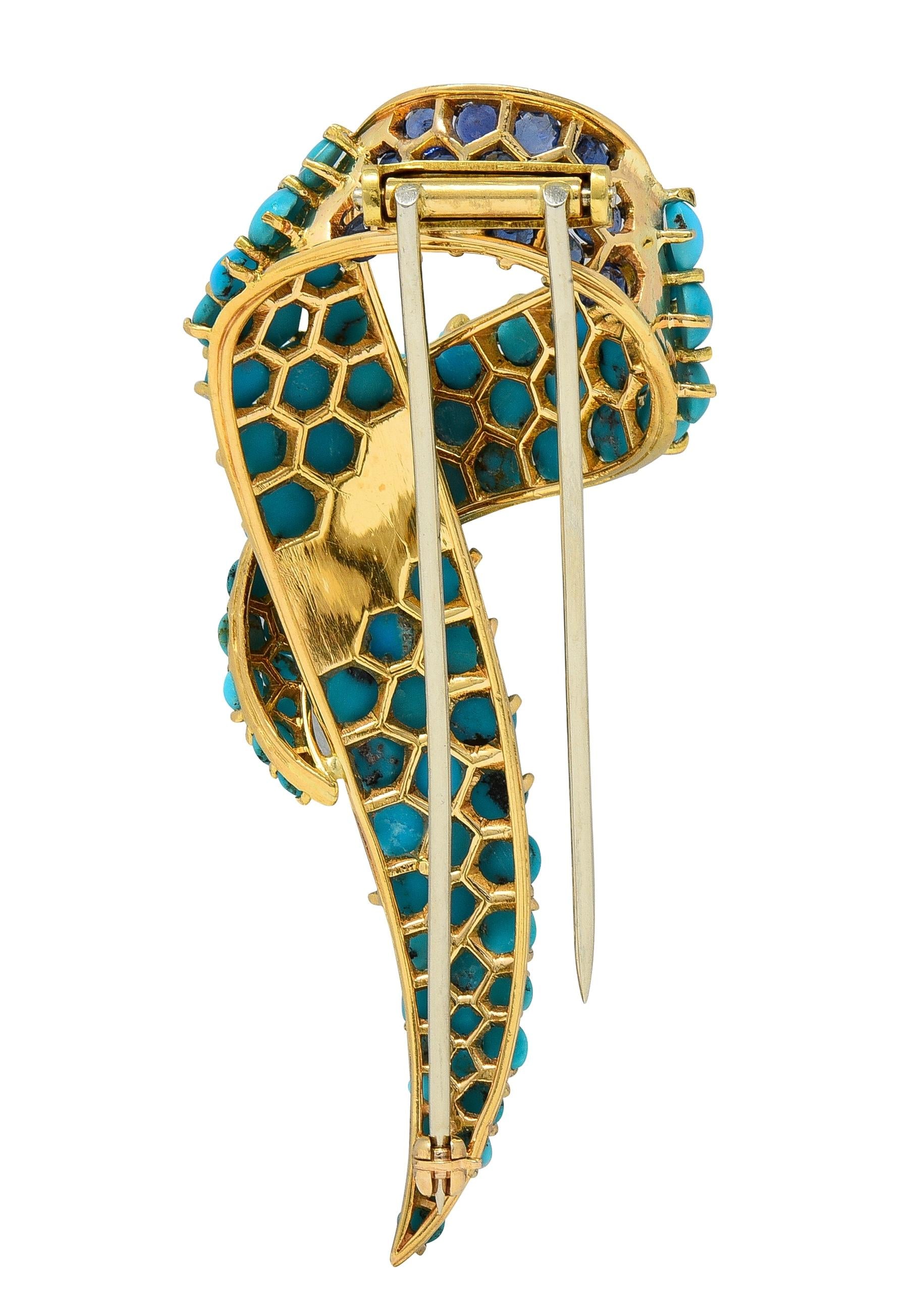 1960's Sapphire Turquoise 18 Karat Yellow Gold Vintage Ribbon Brooch