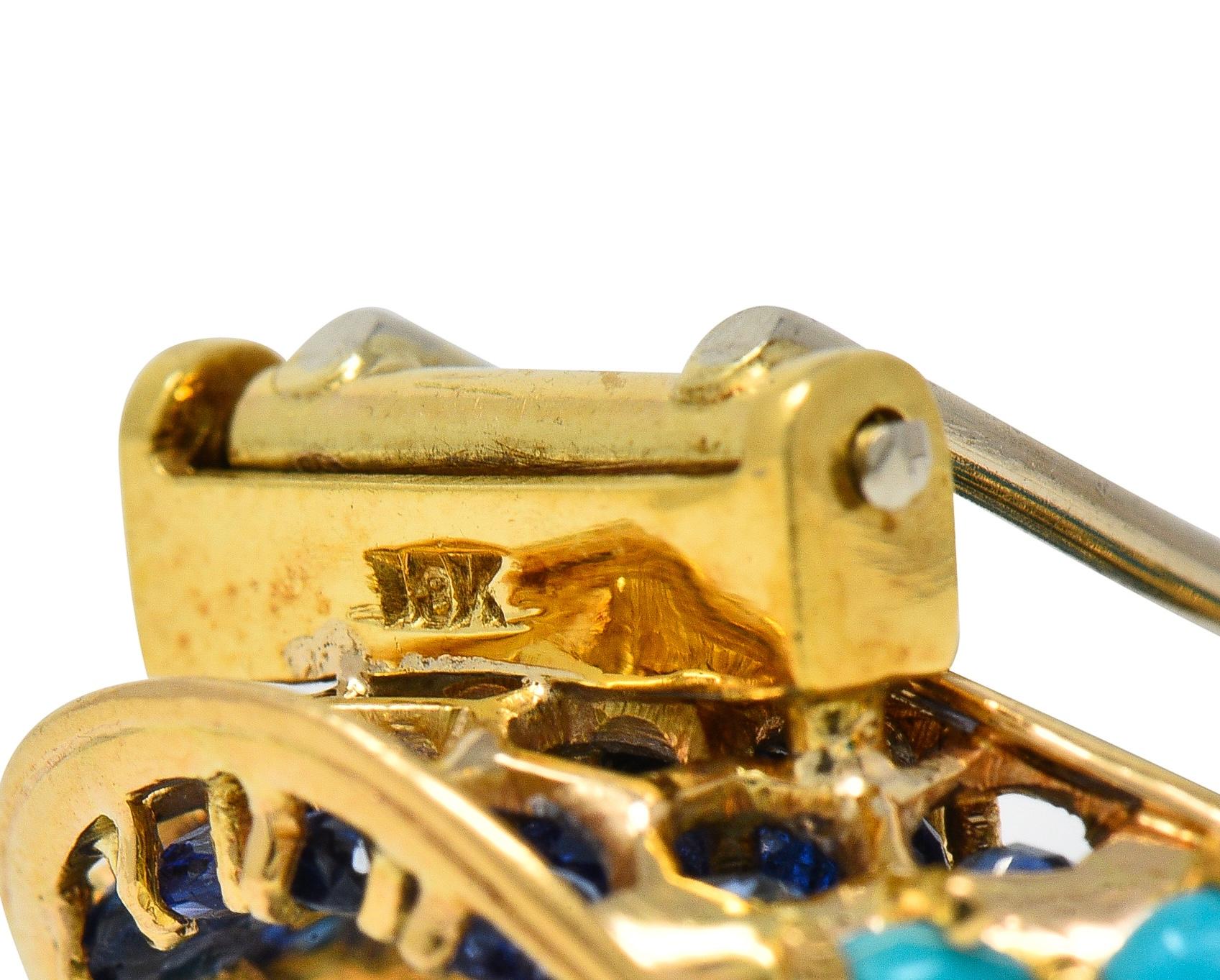 1960's Sapphire Turquoise 18 Karat Yellow Gold Vintage Ribbon Brooch