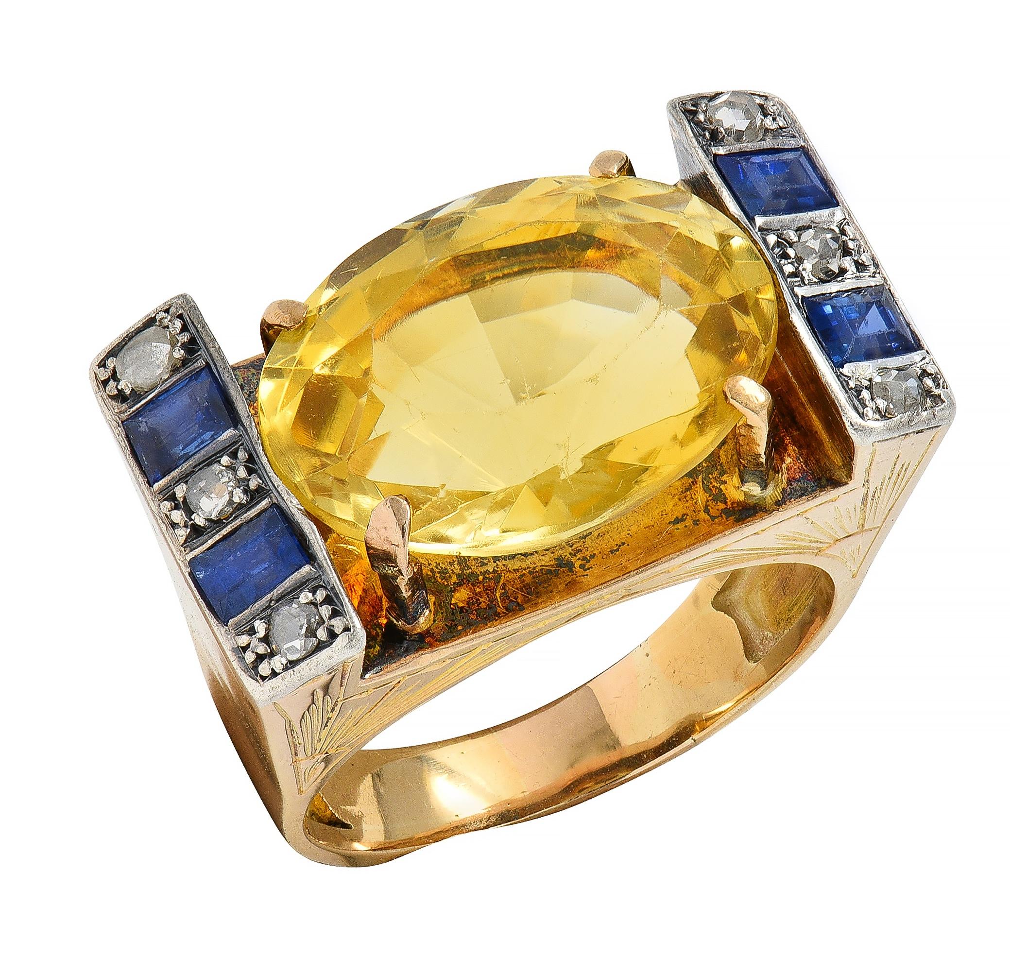 Retro Citrine Sapphire Diamond Silver 18 Karat Gold Vintage Cocktail Ring