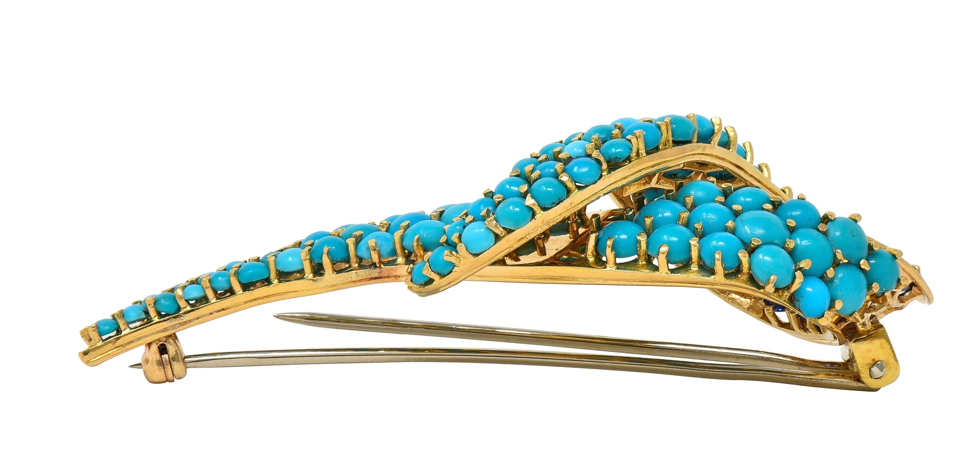 1960's Sapphire Turquoise 18 Karat Yellow Gold Vintage Ribbon Brooch