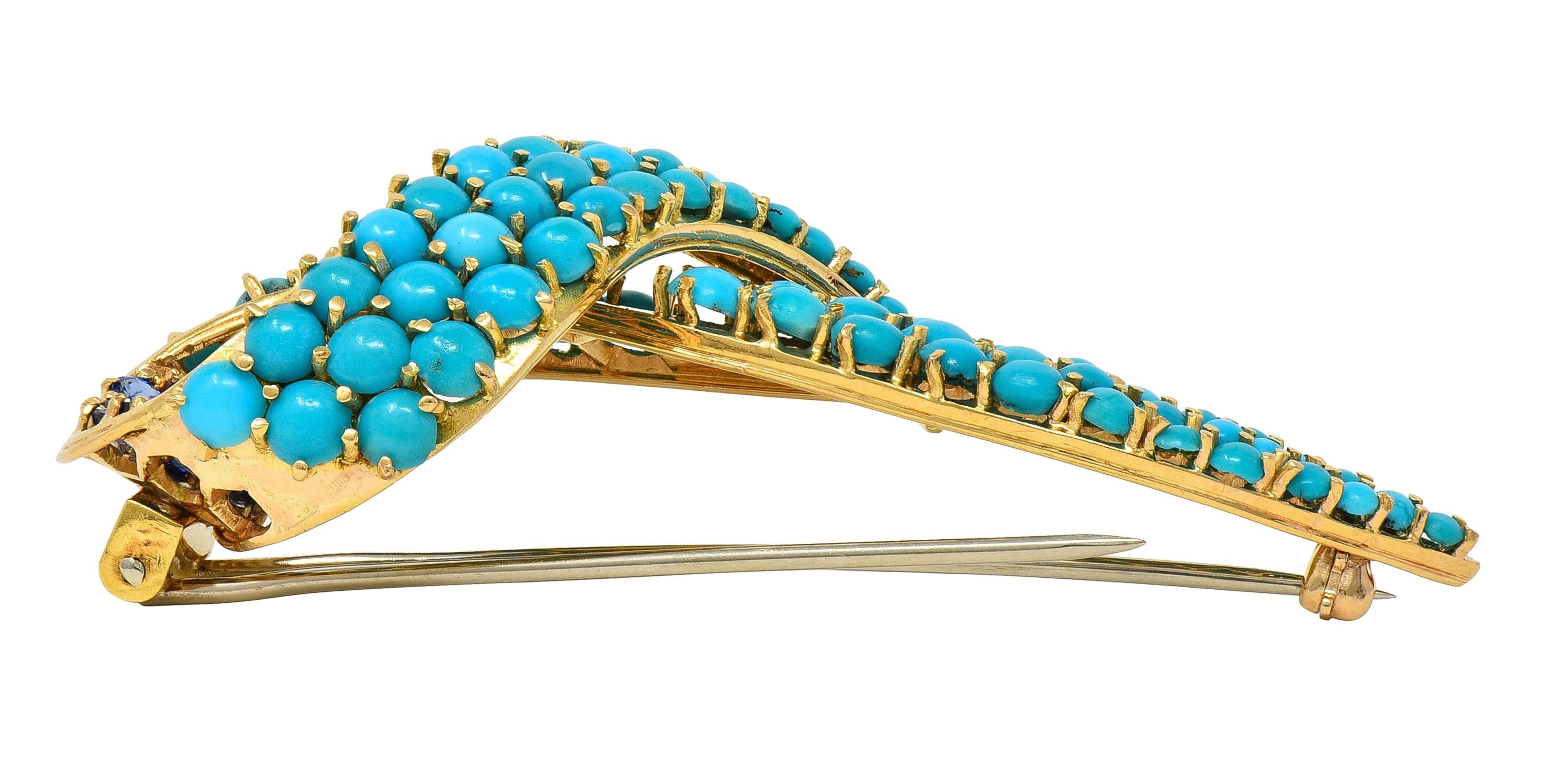 1960's Sapphire Turquoise 18 Karat Yellow Gold Vintage Ribbon Brooch