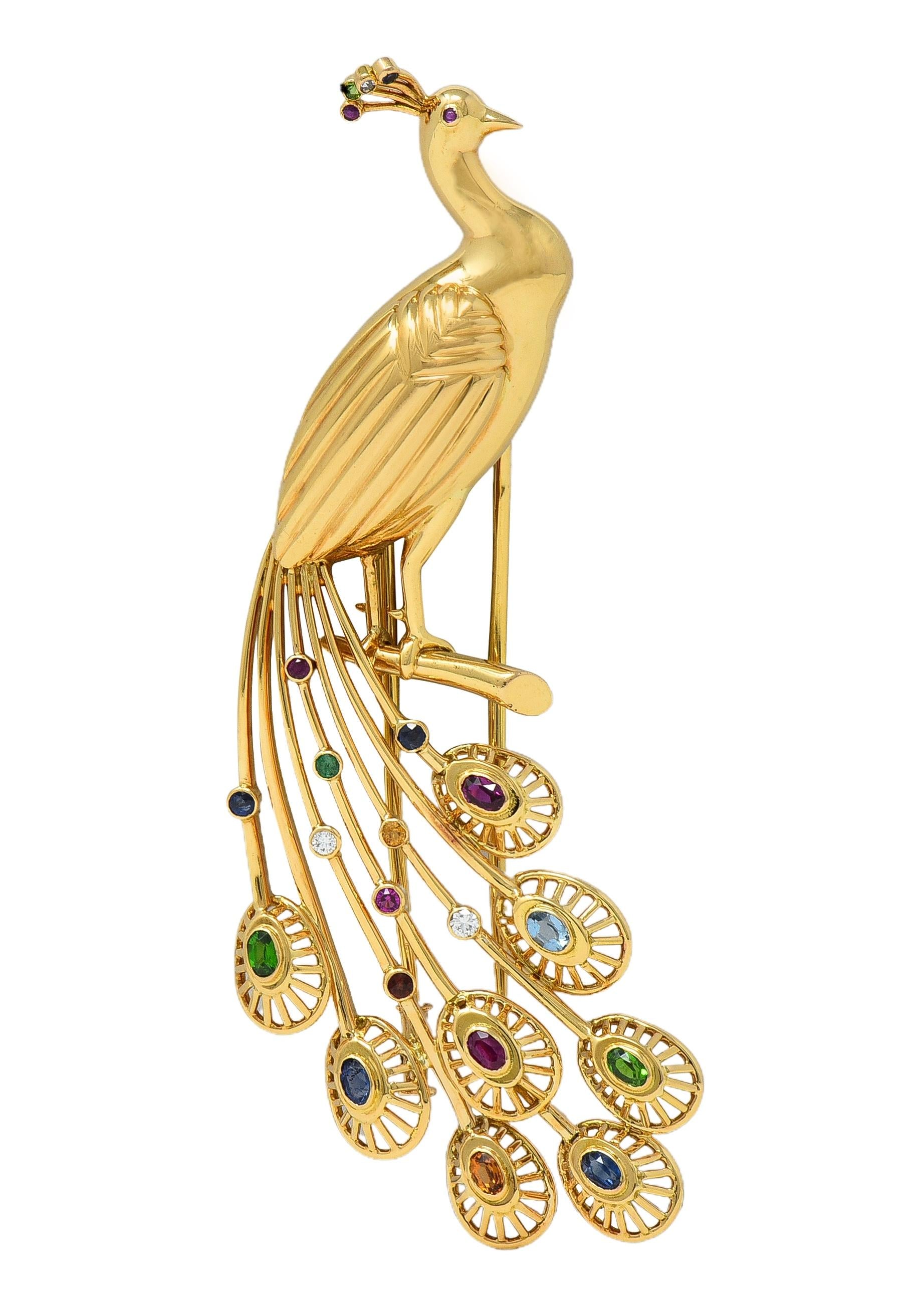 1950's French Multi-Gem Ruby Diamond 18 Karat Yellow Gold Vintage Peacock Brooch