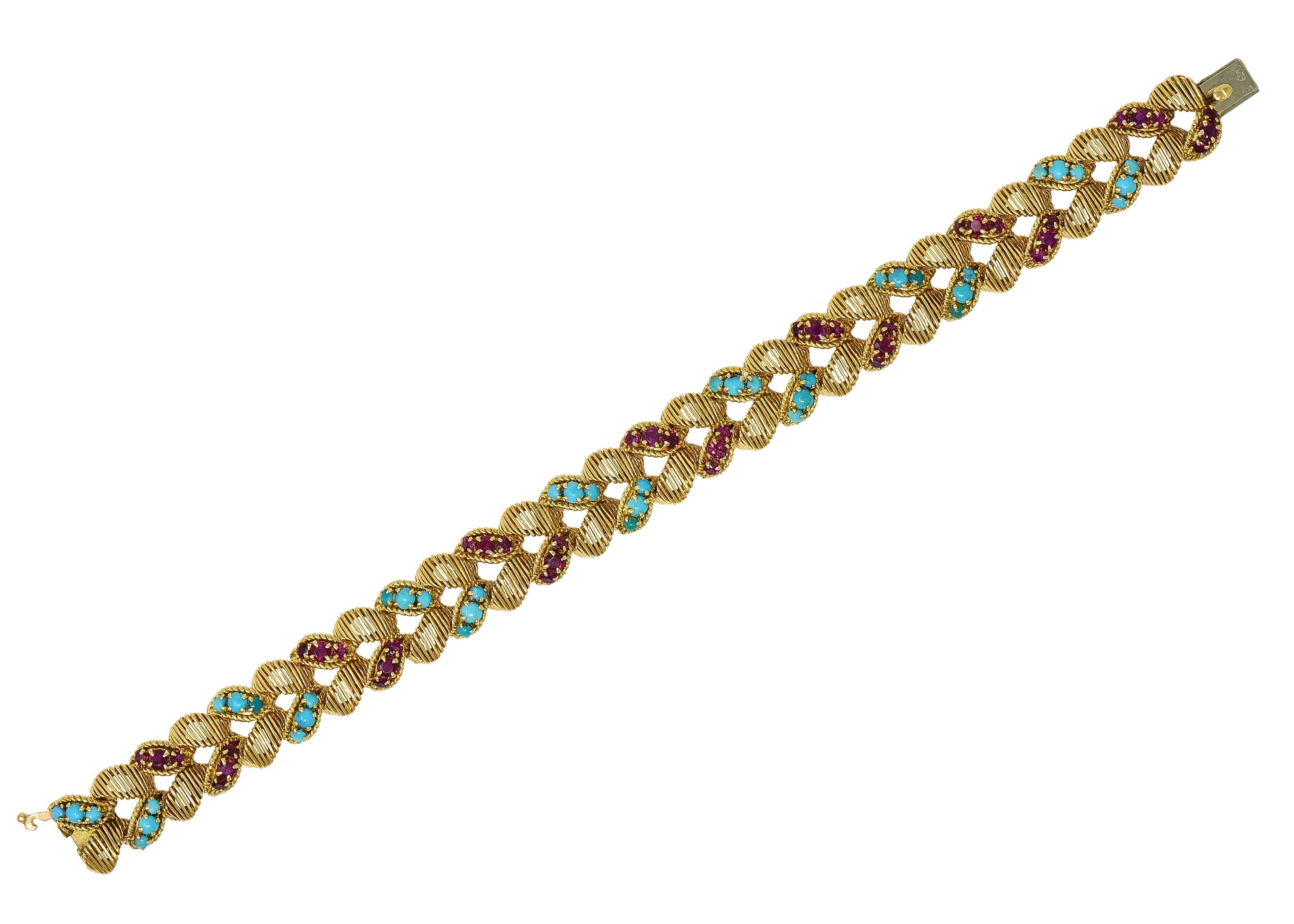 Georges L'Enfant Gubelin 1960 Ruby Turquoise 18K Gold Vintage Wheat Bracelet