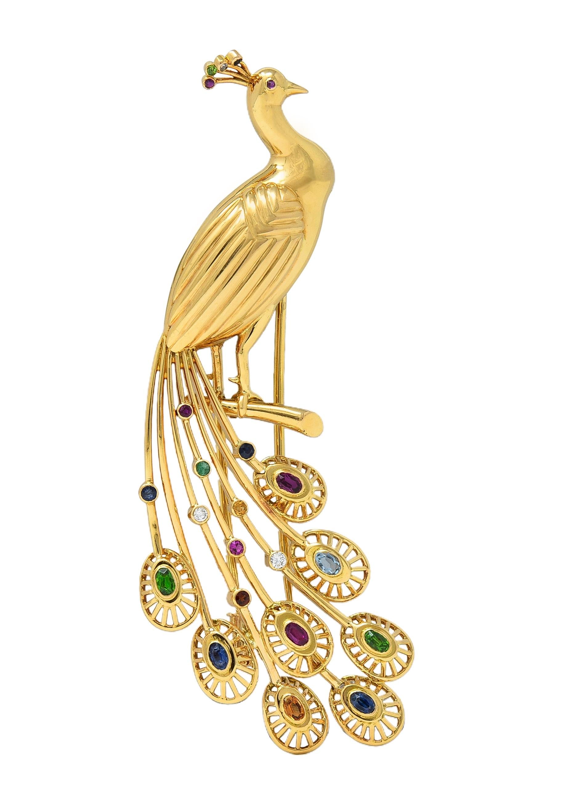 1950's French Multi-Gem Ruby Diamond 18 Karat Yellow Gold Vintage Peacock Brooch