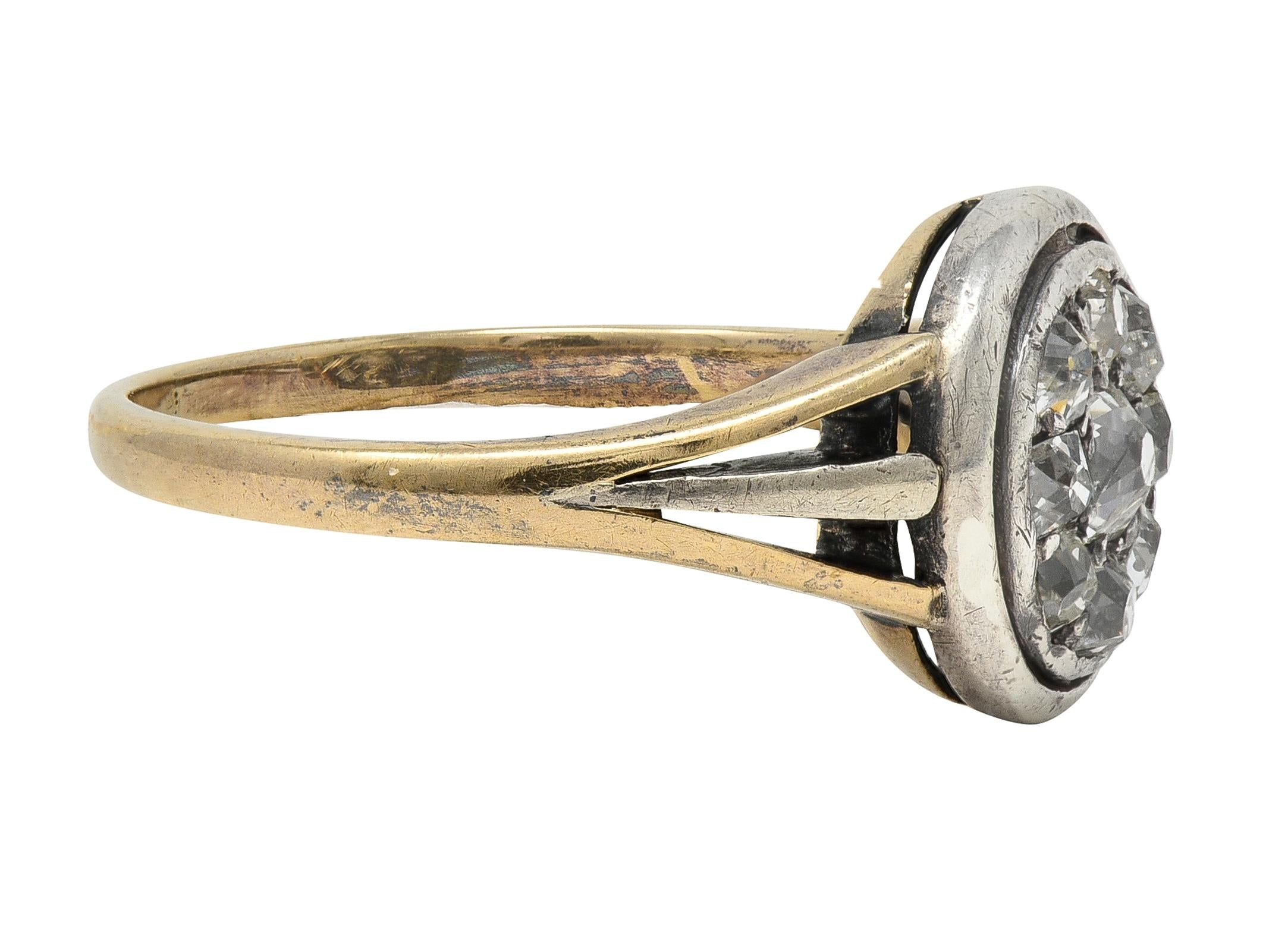 Victorian Old Mine Cut Diamond 14 Karat Yellow Gold Silver Antique Cluster Ring