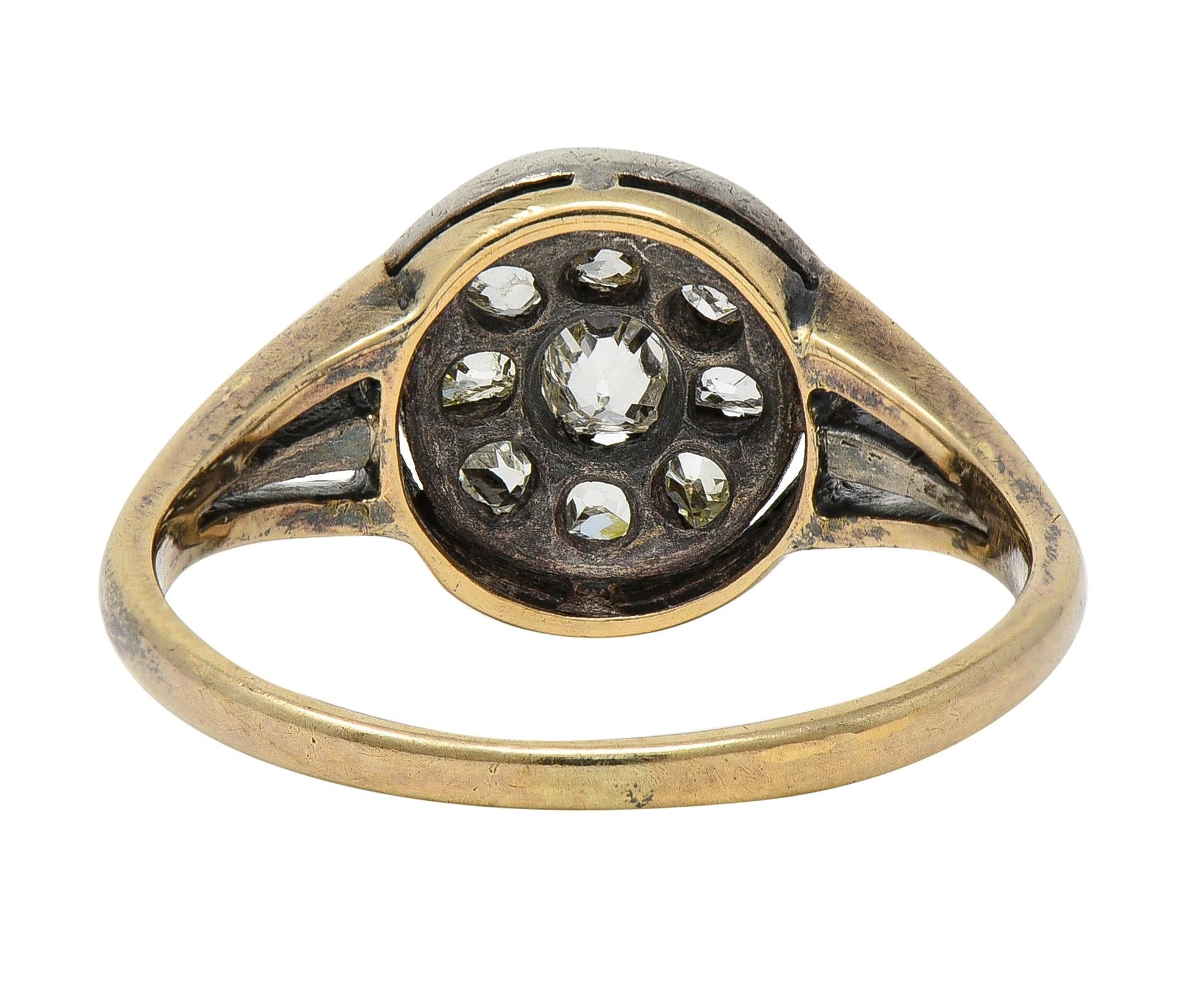 Victorian Old Mine Cut Diamond 14 Karat Yellow Gold Silver Antique Cluster Ring