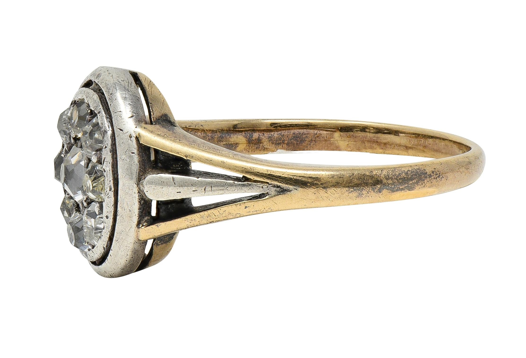 Victorian Old Mine Cut Diamond 14 Karat Yellow Gold Silver Antique Cluster Ring