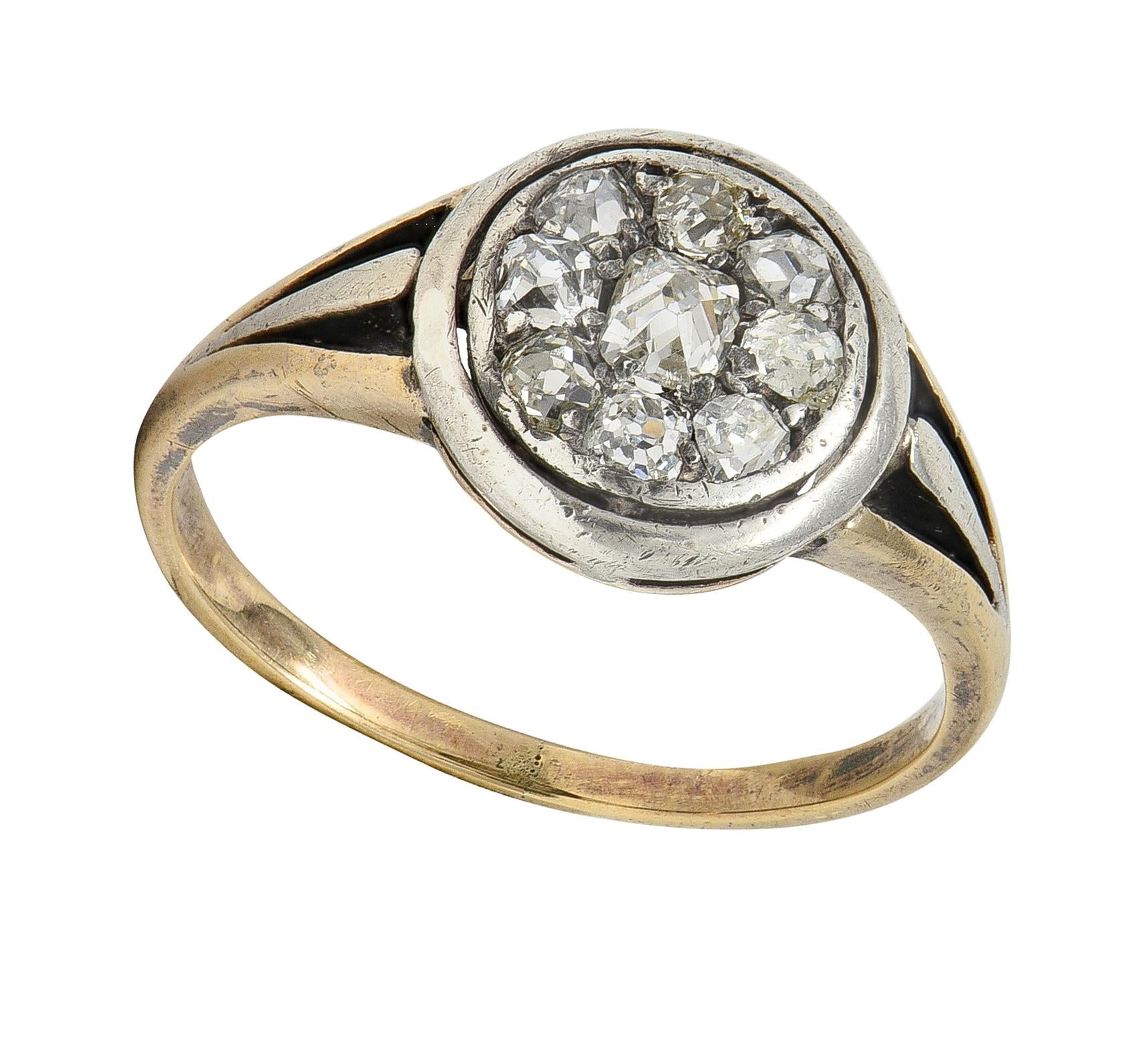 Victorian Old Mine Cut Diamond 14 Karat Yellow Gold Silver Antique Cluster Ring