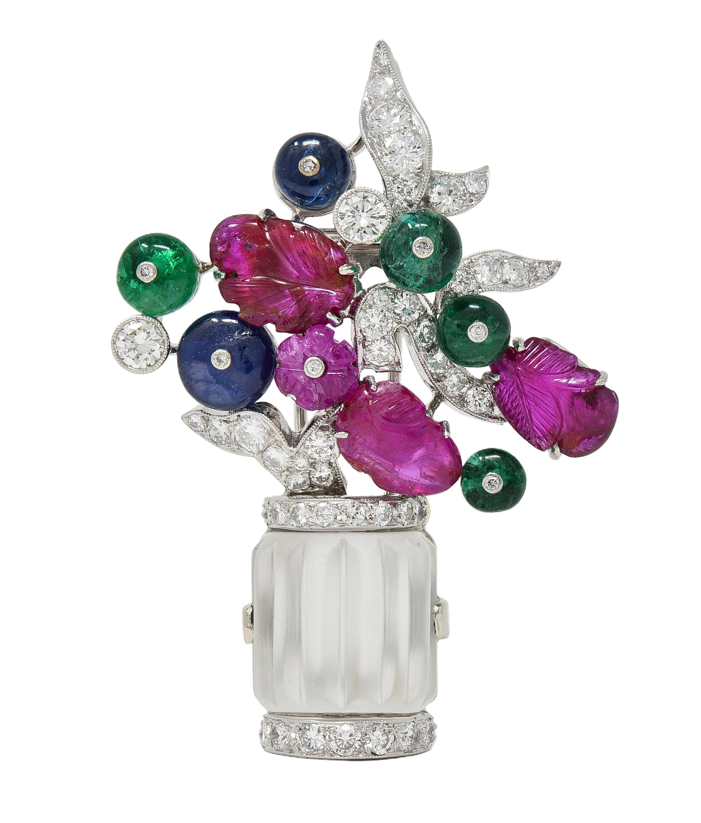 Mid Century Multi-Gem Platinum Vintage Giardinetto Floral Tutti-Frutti Brooch