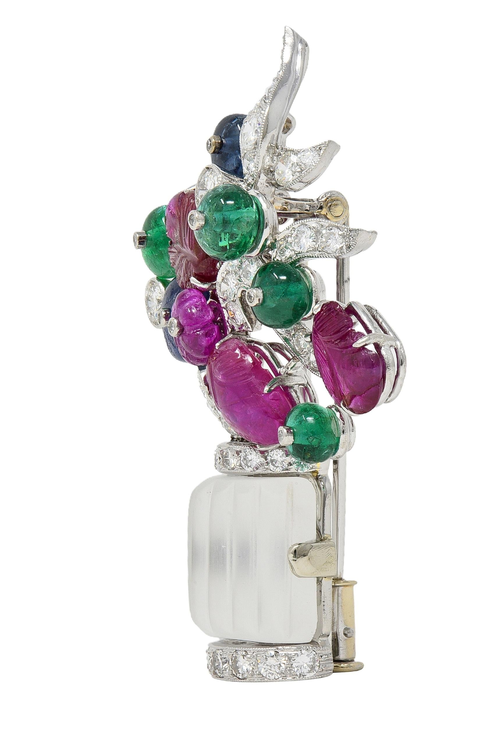 Mid Century Multi-Gem Platinum Vintage Giardinetto Floral Tutti-Frutti Brooch