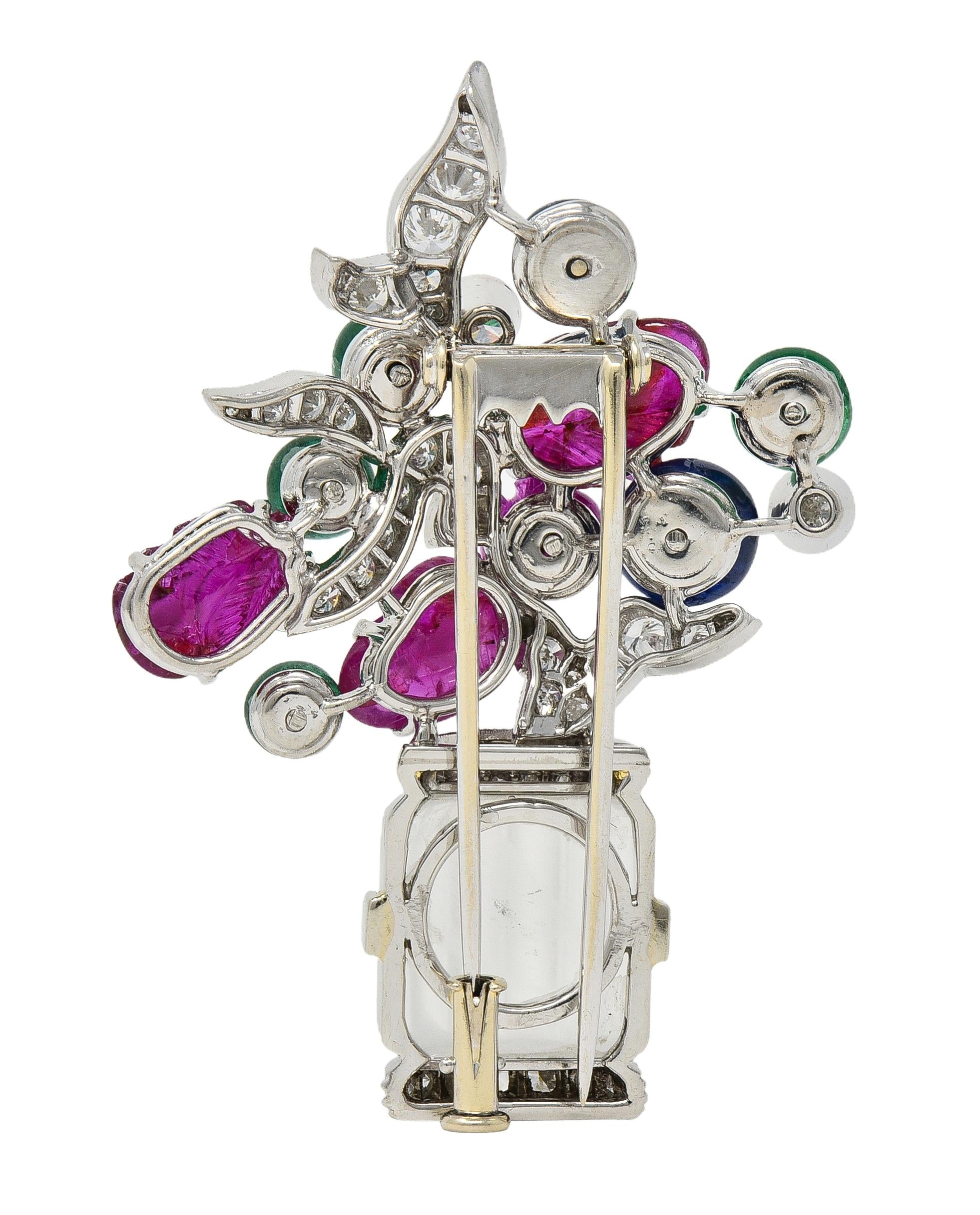 Mid Century Multi-Gem Platinum Vintage Giardinetto Floral Tutti-Frutti Brooch