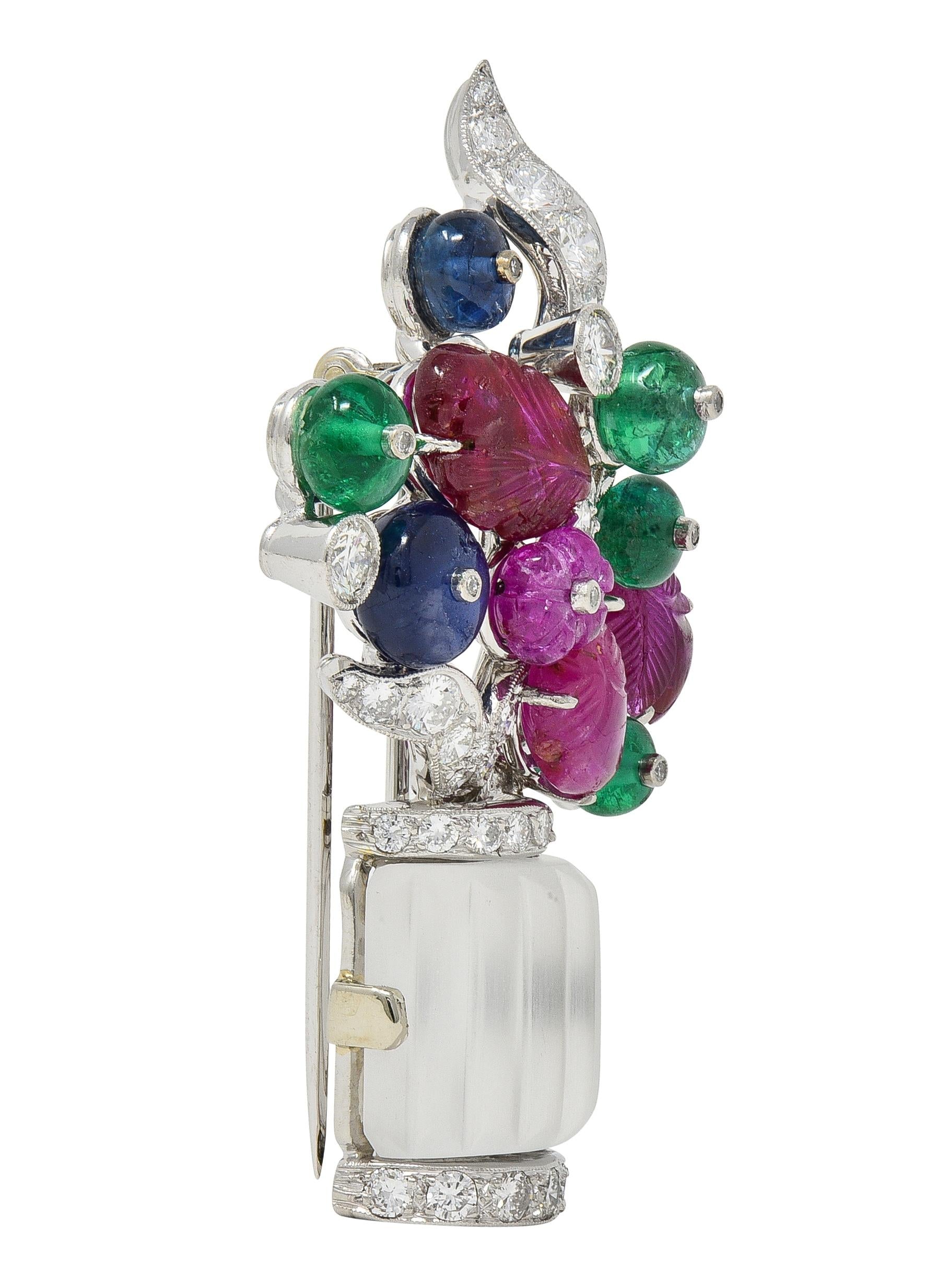 Mid Century Multi-Gem Platinum Vintage Giardinetto Floral Tutti-Frutti Brooch