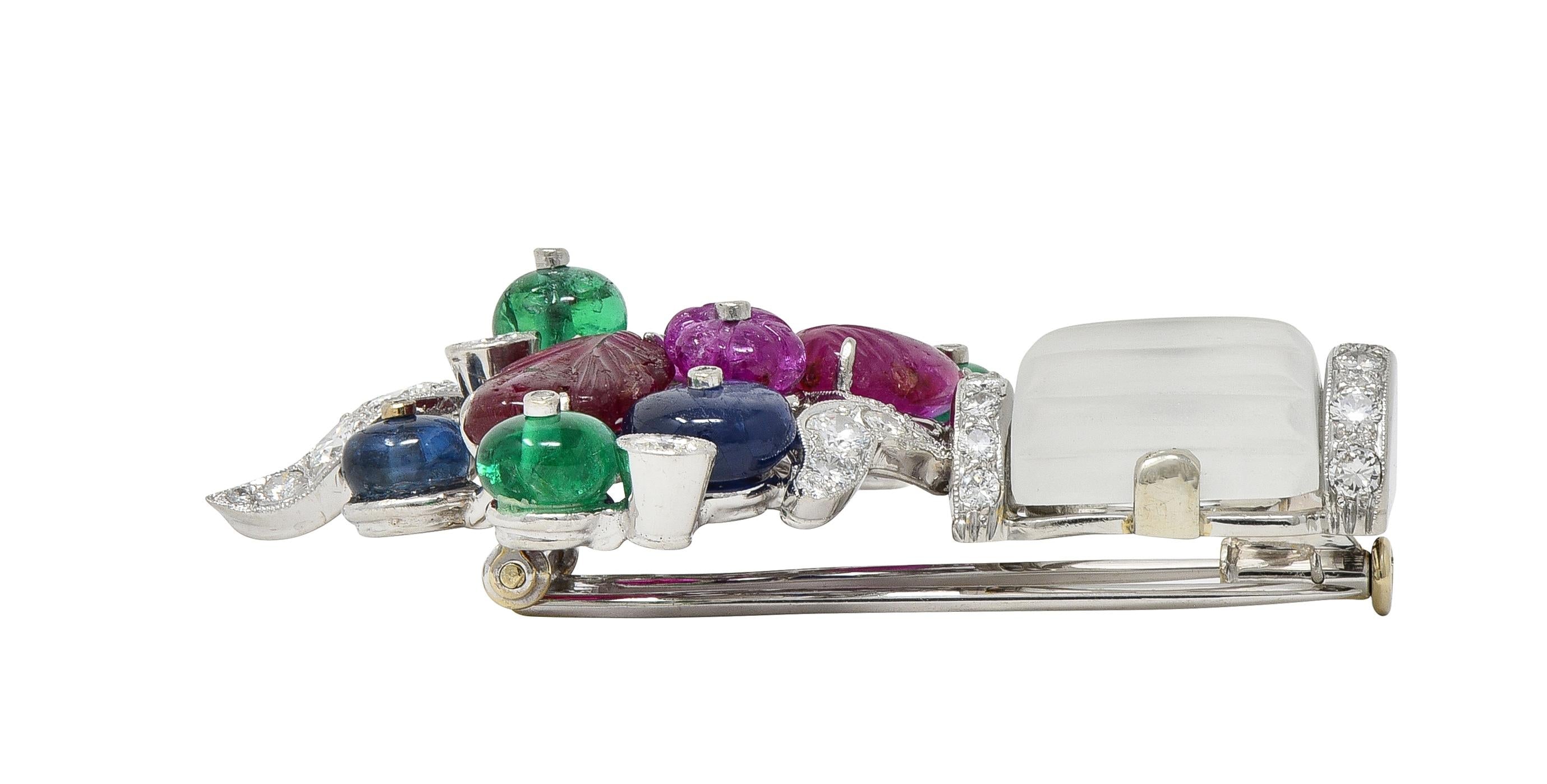 Mid Century Multi-Gem Platinum Vintage Giardinetto Floral Tutti-Frutti Brooch