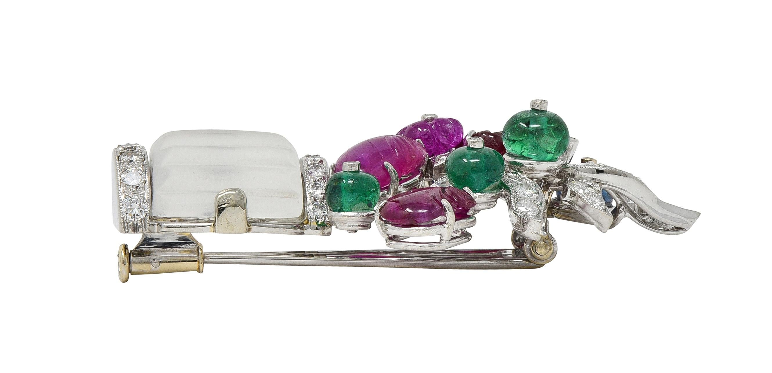 Mid Century Multi-Gem Platinum Vintage Giardinetto Floral Tutti-Frutti Brooch