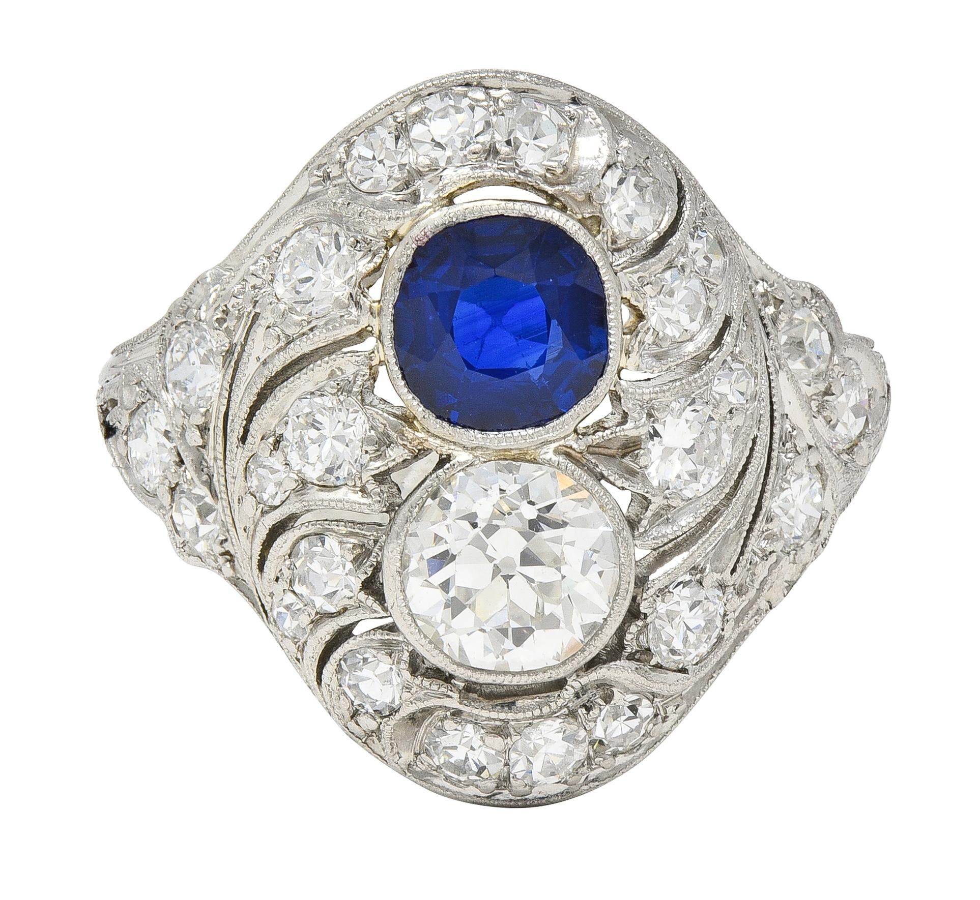 Edwardian 2.93 CTW Sapphire Diamond Platinum Antique Feather Toi-Et-Moi Ring