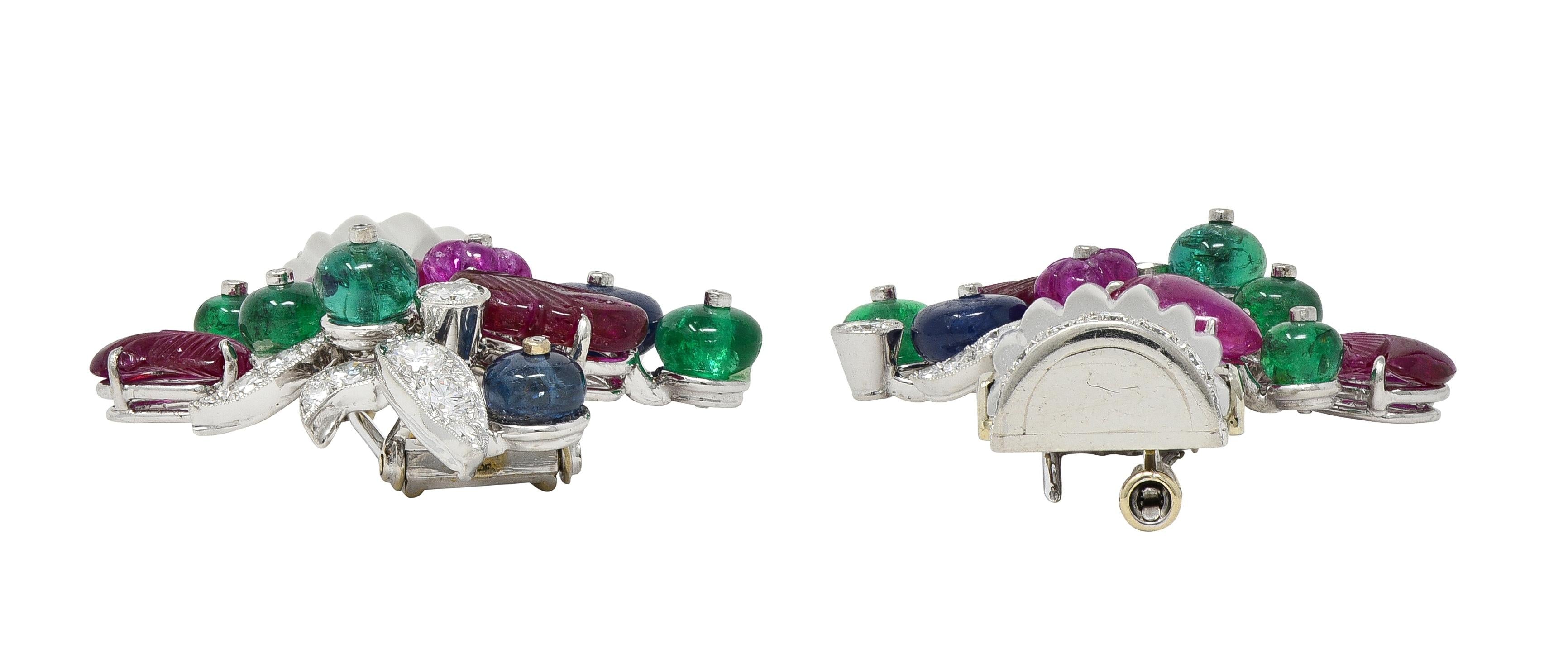 Mid Century Multi-Gem Platinum Vintage Giardinetto Floral Tutti-Frutti Brooch