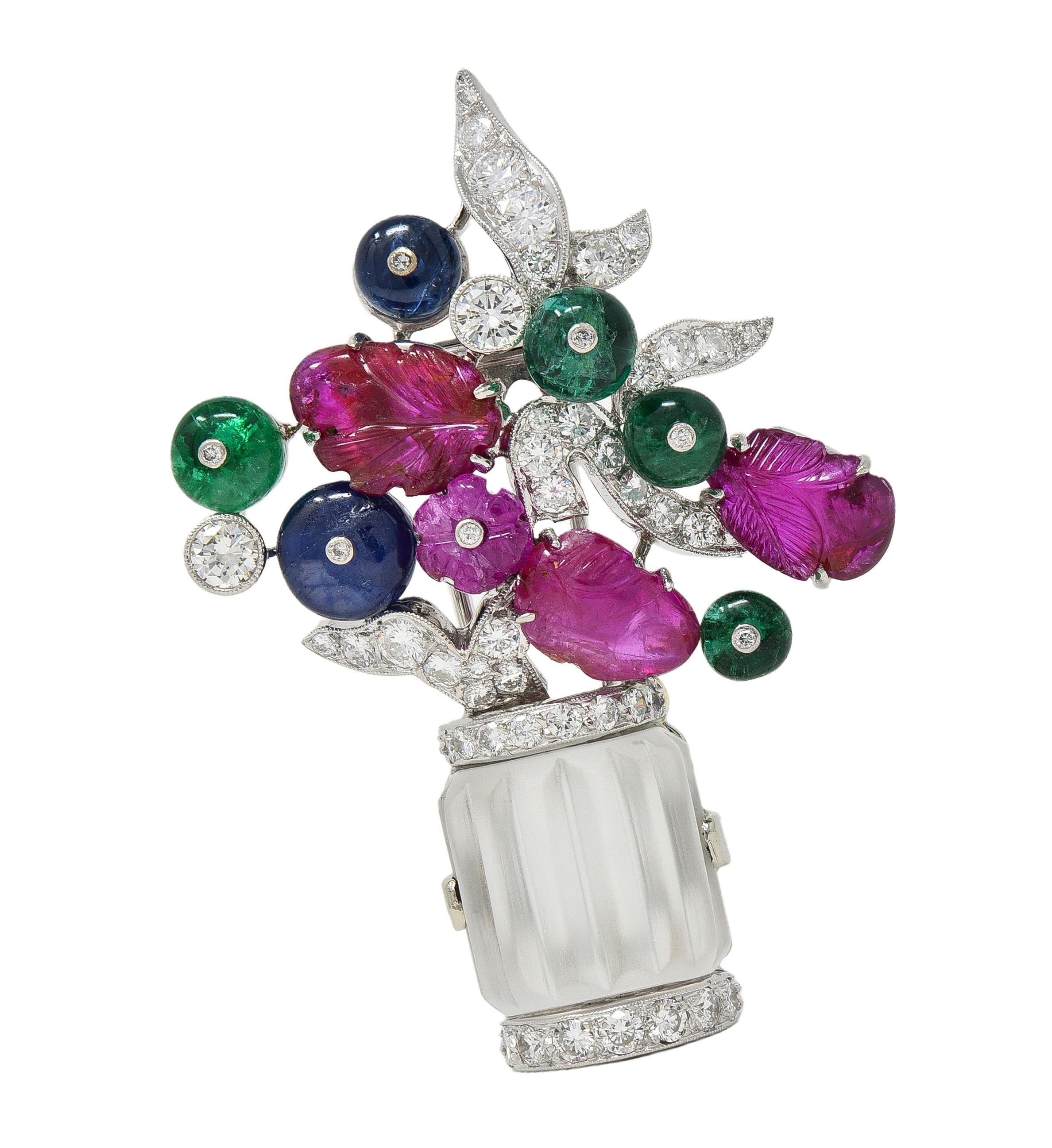 Mid Century Multi-Gem Platinum Vintage Giardinetto Floral Tutti-Frutti Brooch