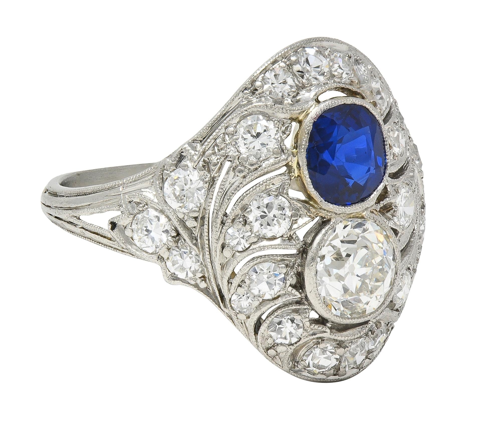 Edwardian 2.93 CTW Sapphire Diamond Platinum Antique Feather Toi-Et-Moi Ring