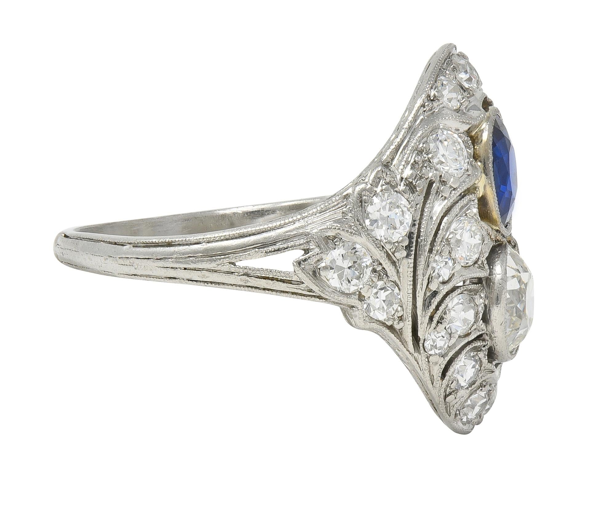 Edwardian 2.93 CTW Sapphire Diamond Platinum Antique Feather Toi-Et-Moi Ring