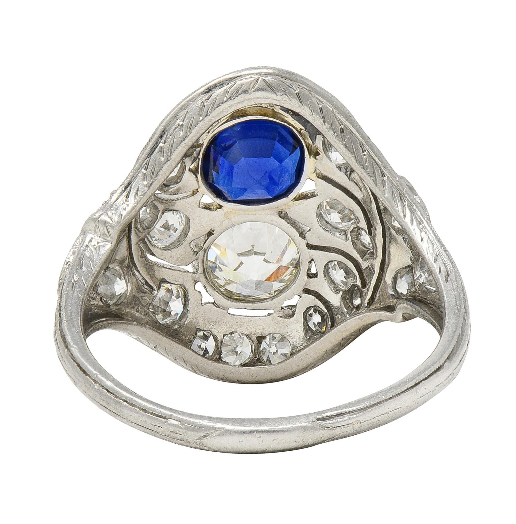 Edwardian 2.93 CTW Sapphire Diamond Platinum Antique Feather Toi-Et-Moi Ring